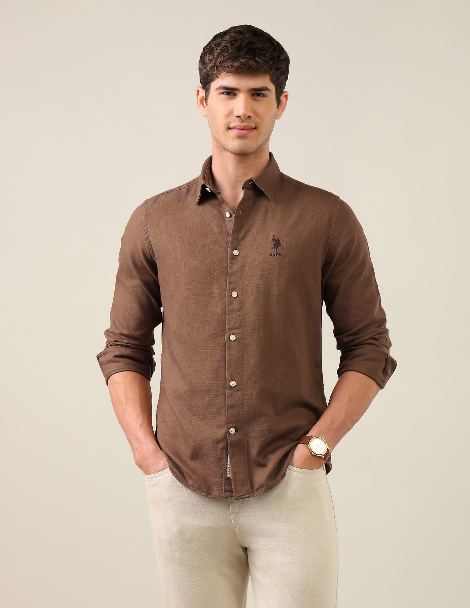 Dobby Regular Fit Shirt Brown - U.S. Polo Assn. India | Large
