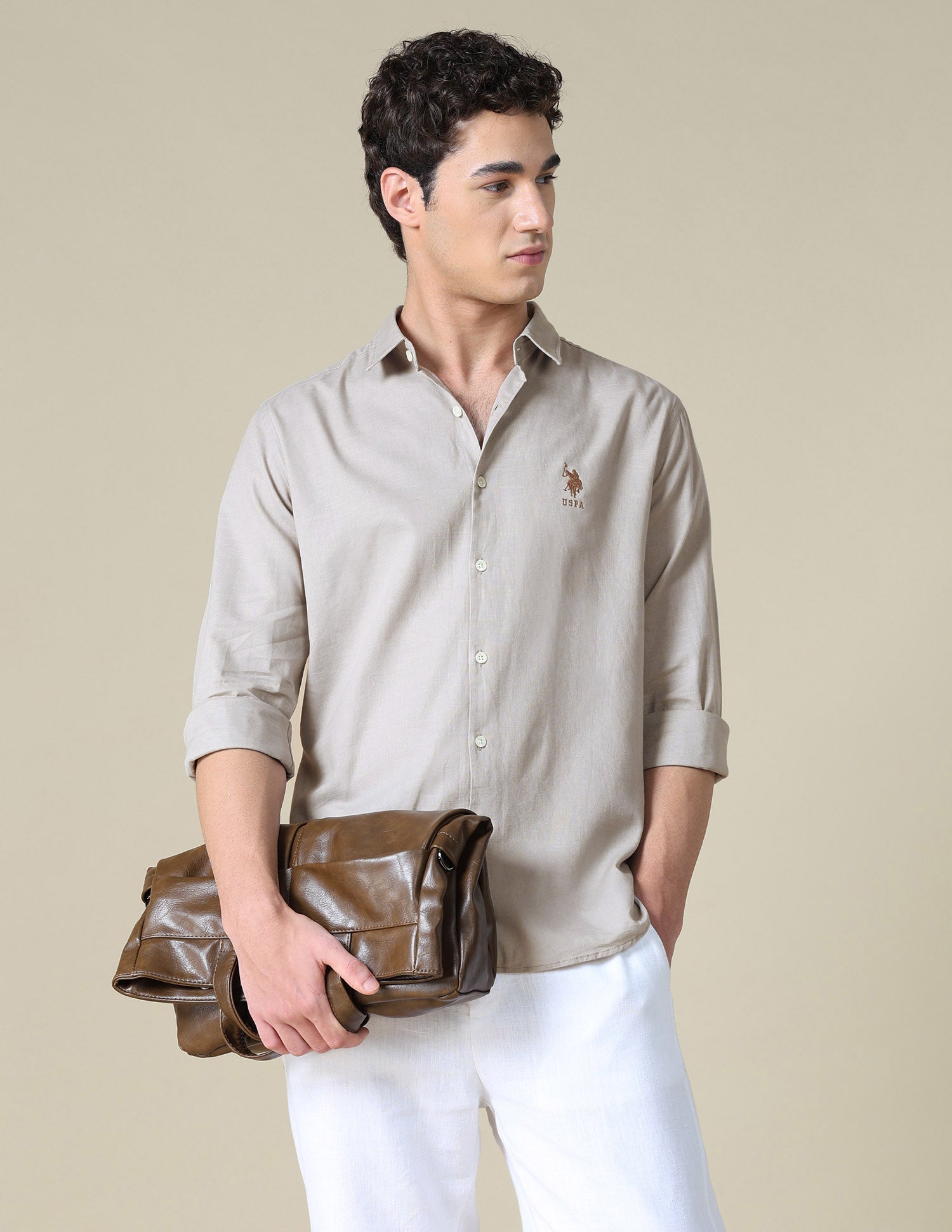 Solid Regular Fit Shirt Beige - U.S. Polo Assn. India | Large