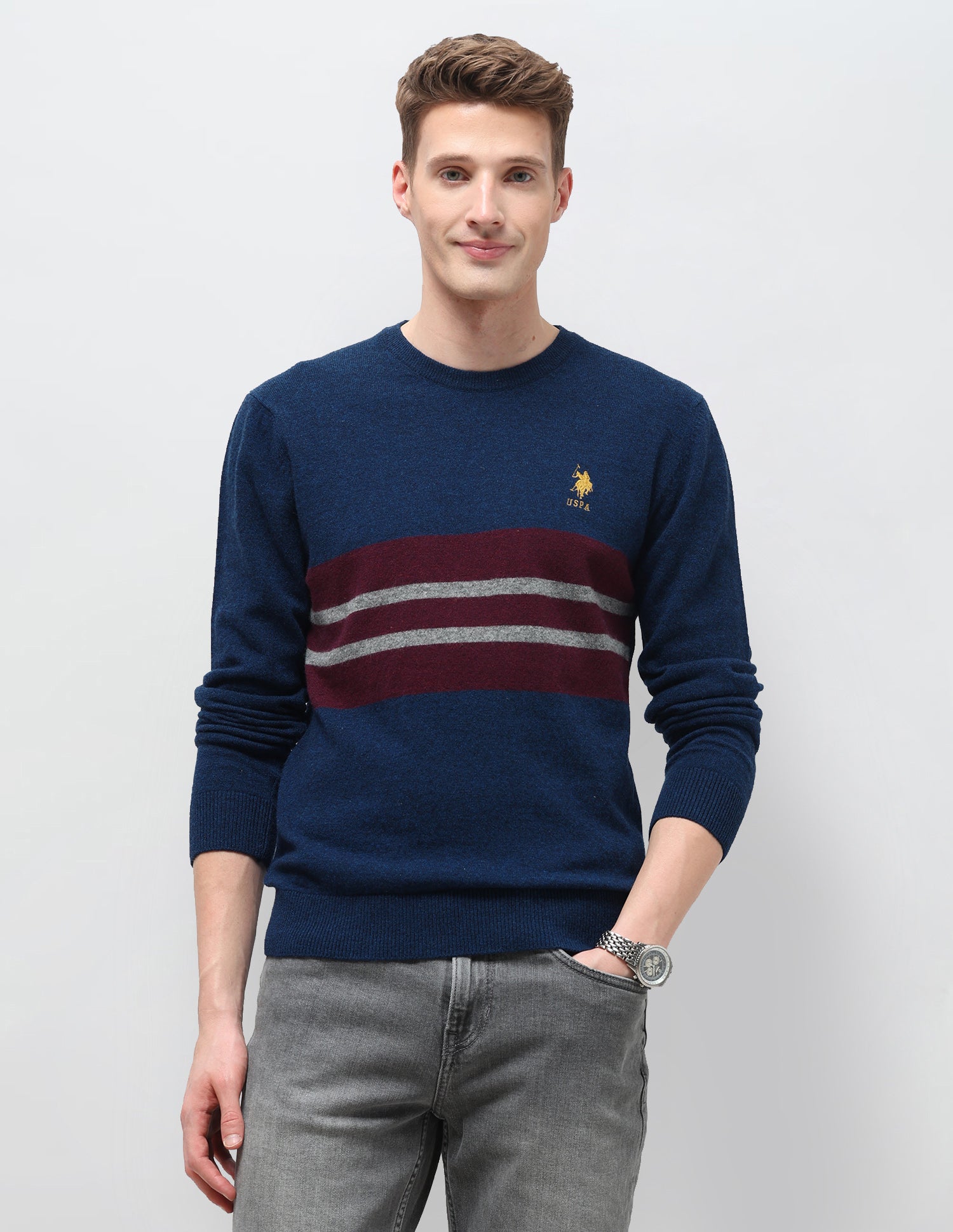 Horizontal Striped Regular Fit Sweater Dark Blue - U.S. Polo Assn. India | Large