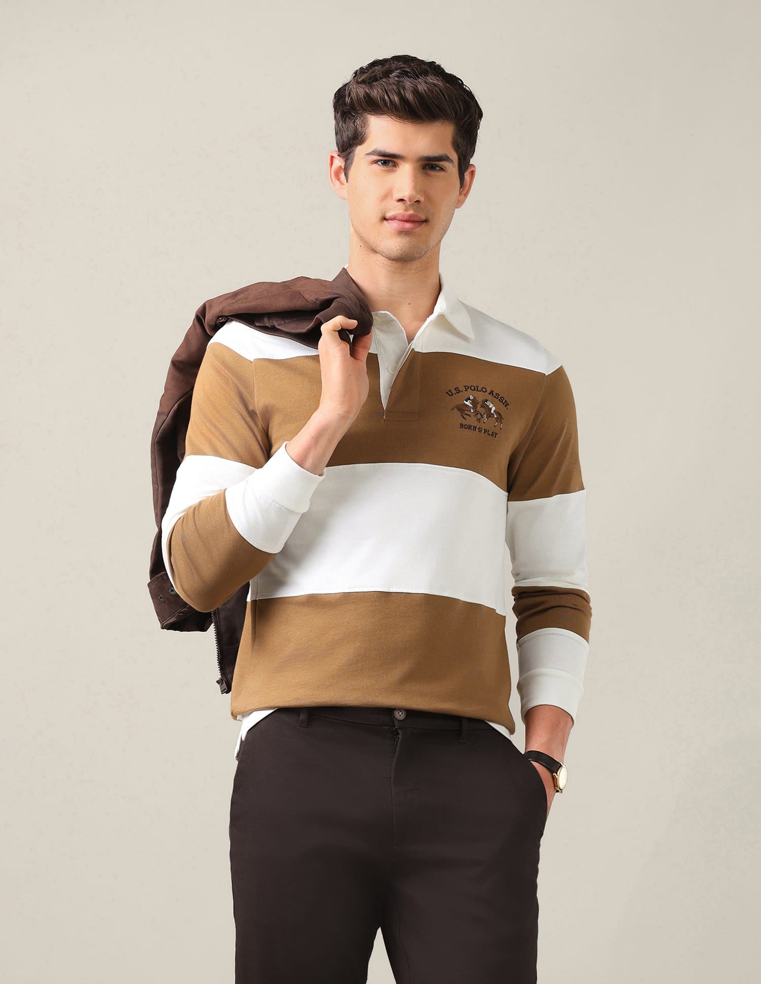 Horizontal Striped Slim Fit Polo Shirt Brown - U.S. Polo Assn. India | Large
