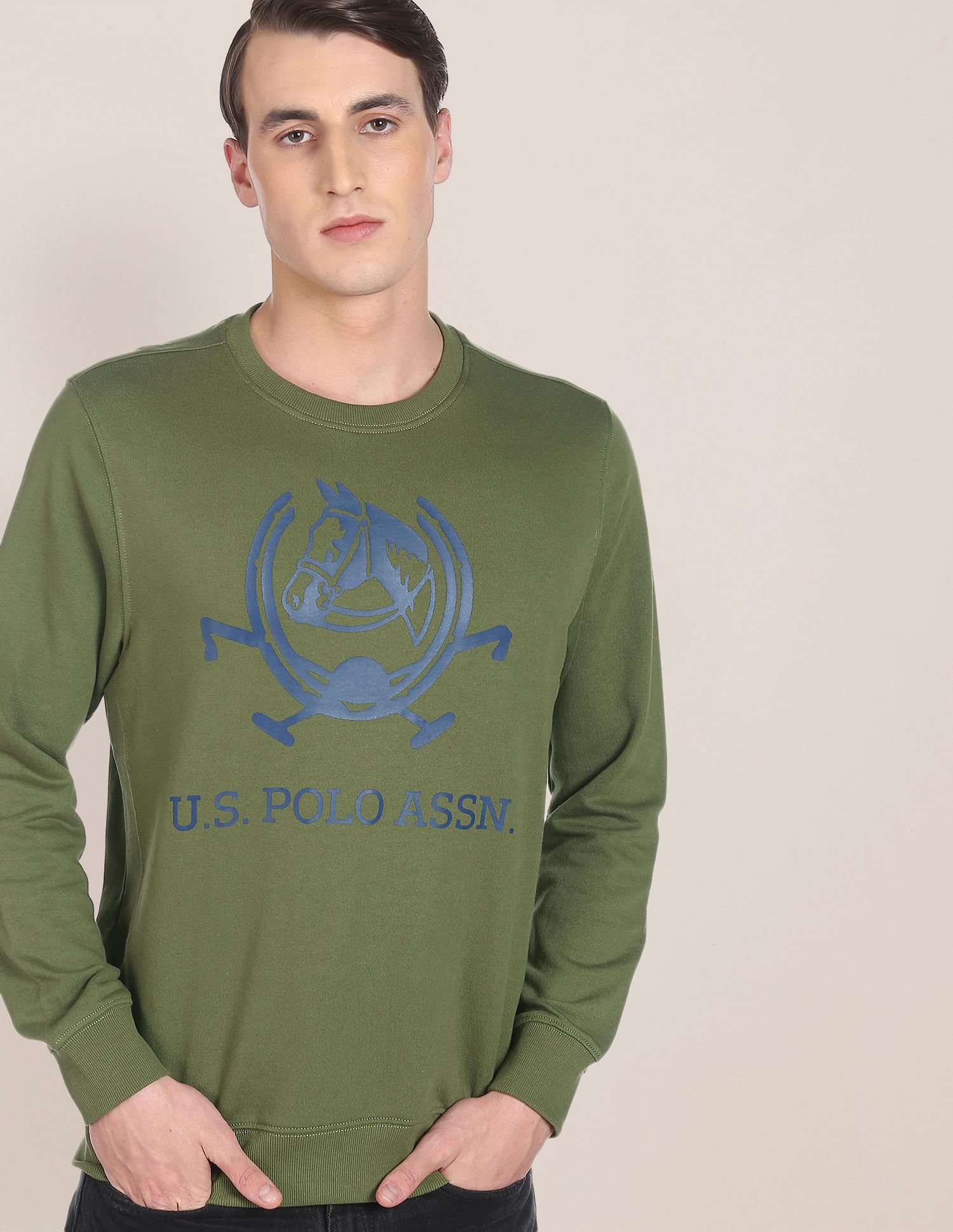 Crew Neck Brand Print Sweatshirt Olive - U.S. POLO ASSN. | Large