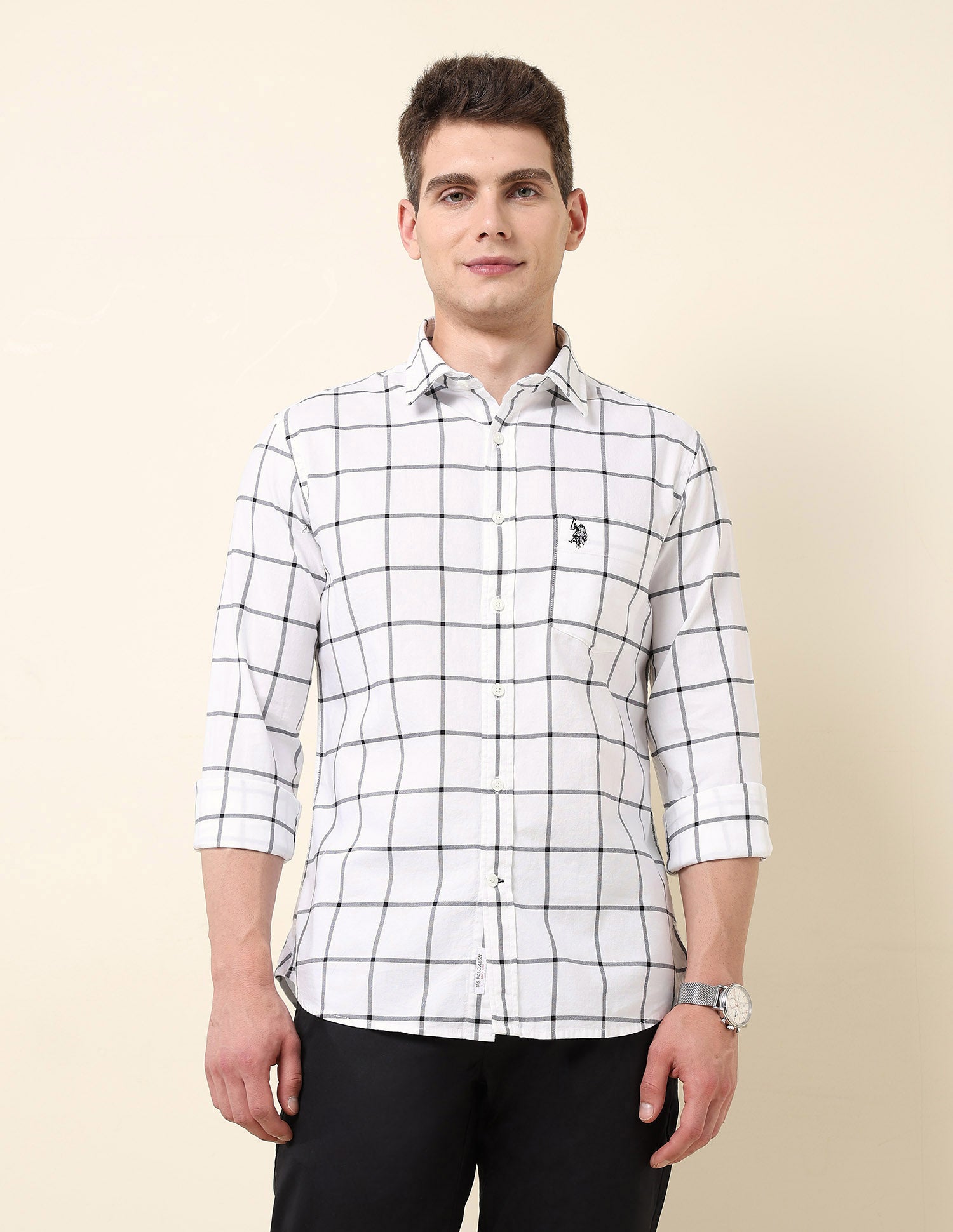 Windowpane Checked Tailored Fit Shirt Black - U.S. Polo Assn. India | Large
