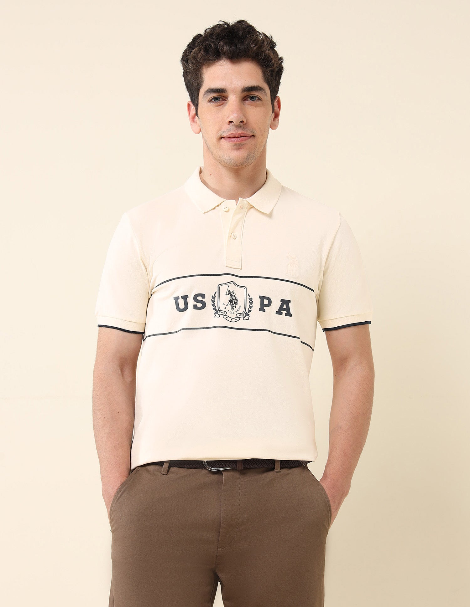 Brand Printed Slim Fit Classic Polo Shirt Beige - U.S. Polo Assn. India | Large