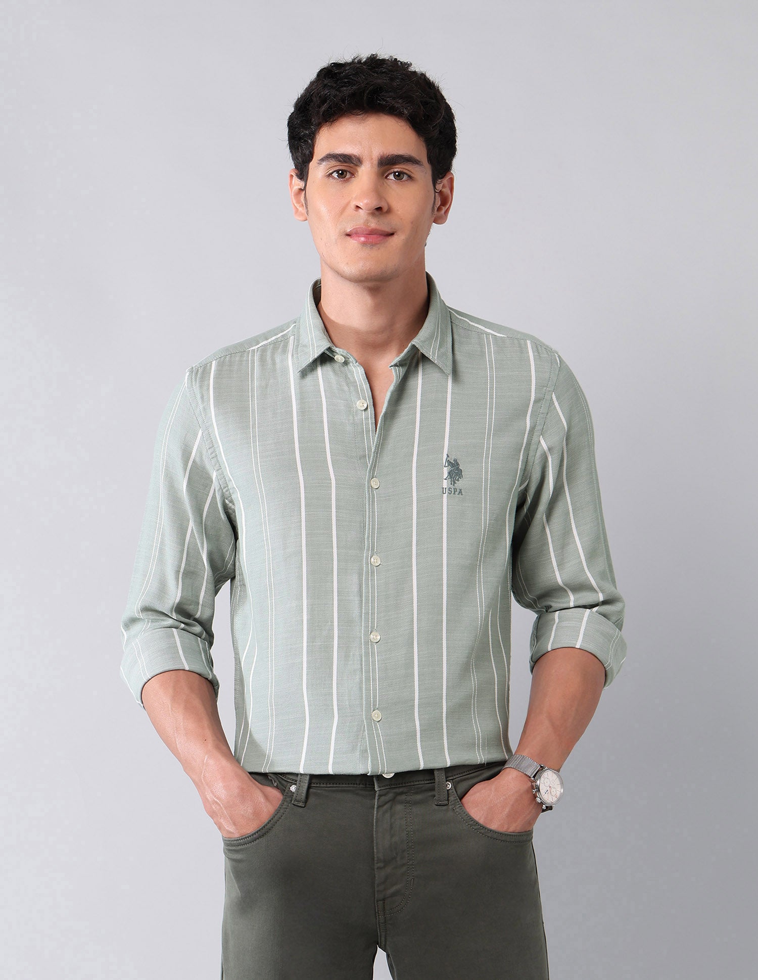 Vertical Striped Pure Cotton Shirt Light Green - U.S. Polo Assn. India | Large