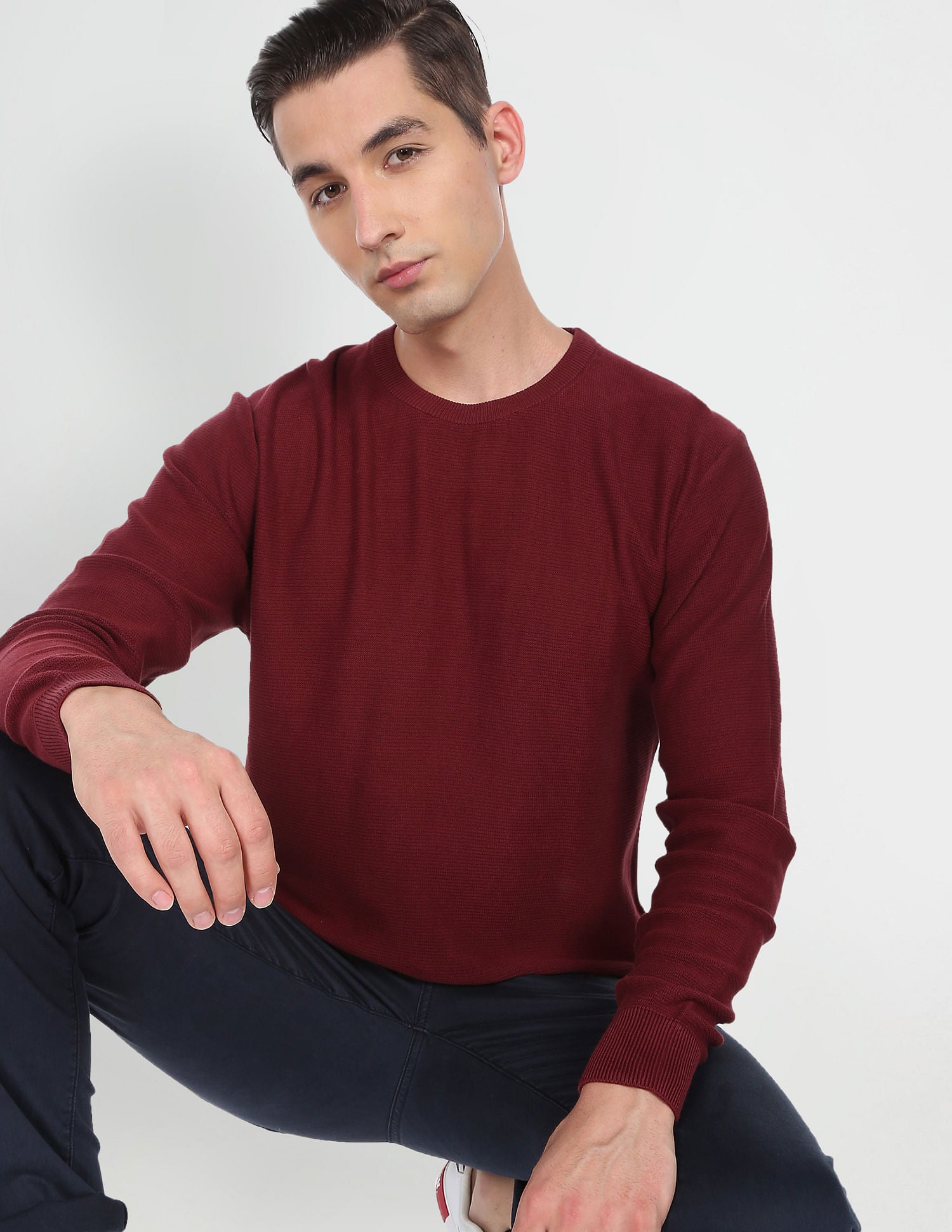 Crew Neck Solid Cotton Sweater Maroon - U.S. Polo Assn. India | Large
