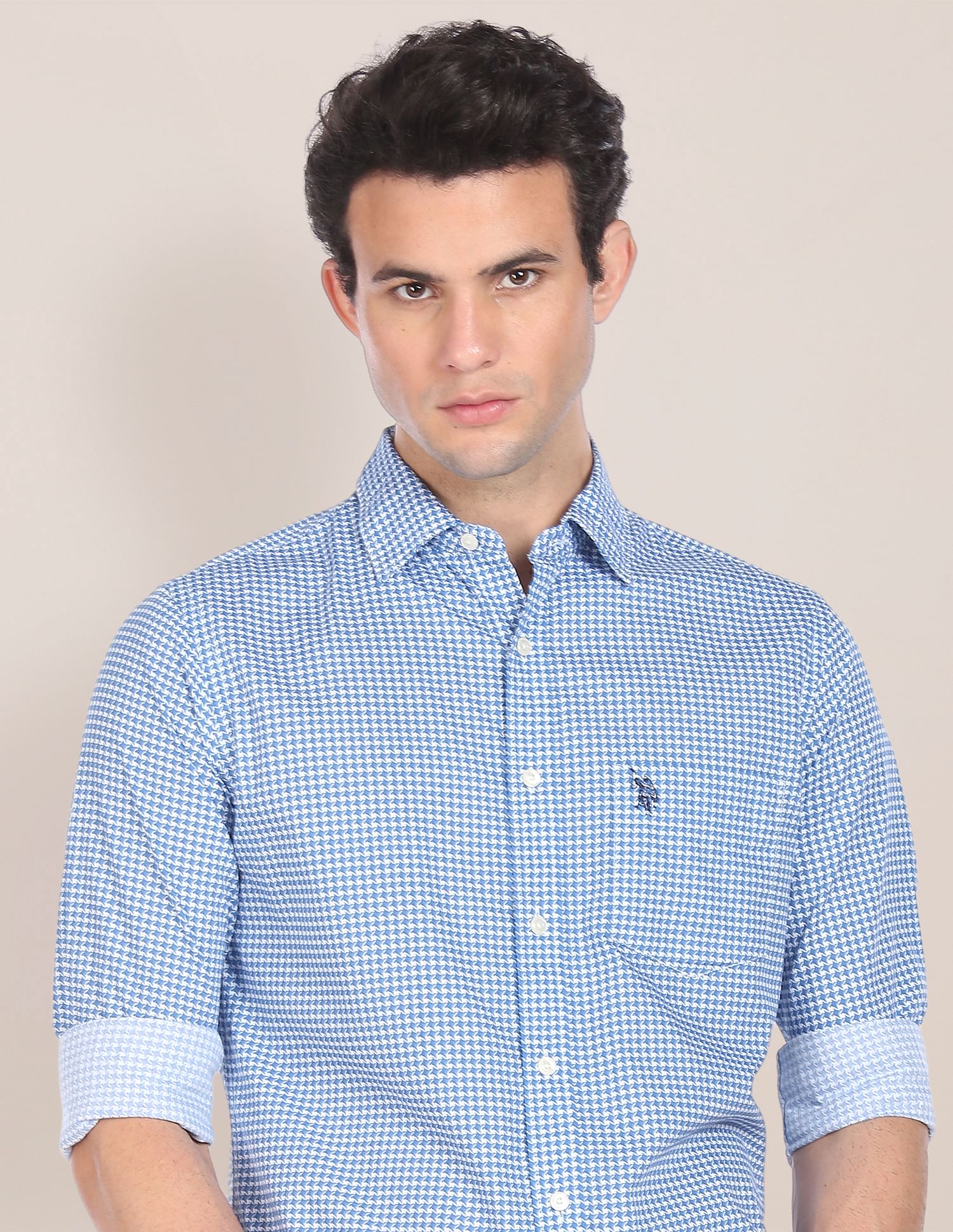 Men Blue Spread Collar Printed Casual Shirt Blue - U.S. POLO ASSN. | Large