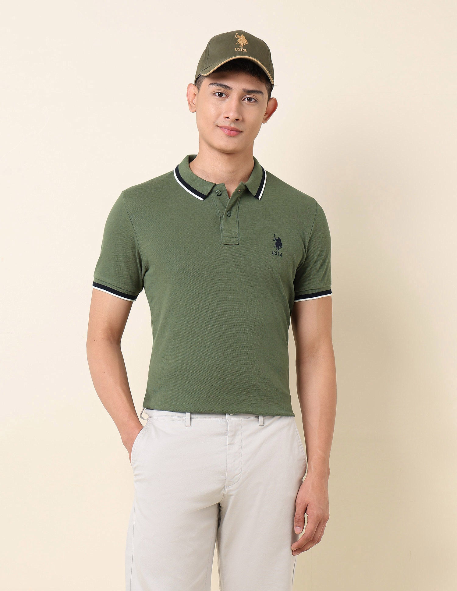Solid Pure Cotton Polo Shirt Olive - U.S. Polo Assn. India | Large