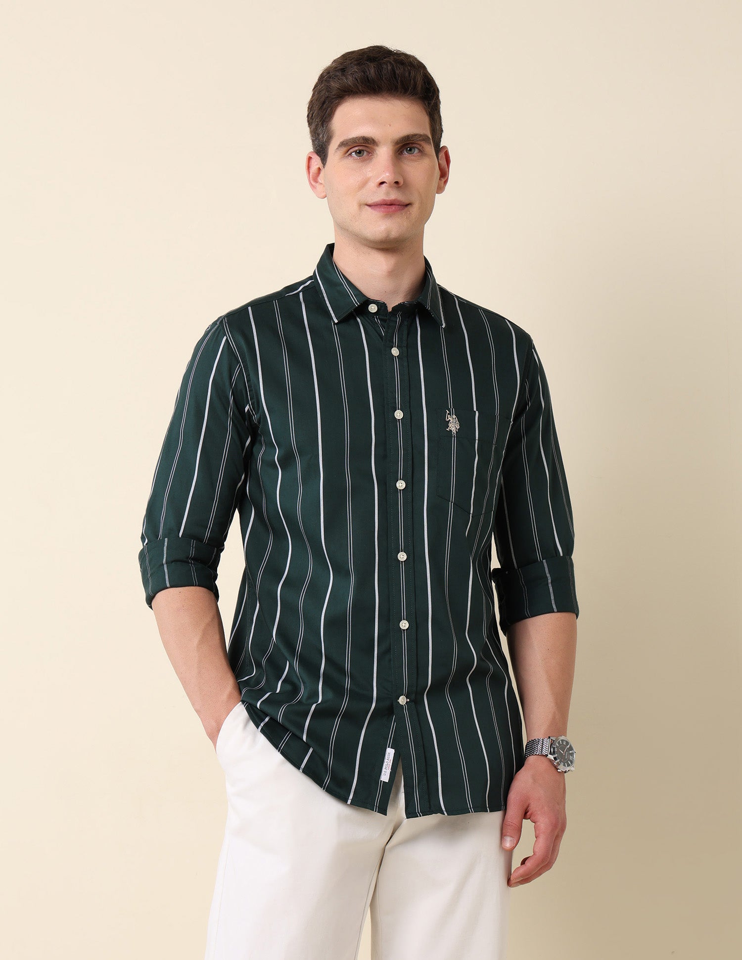 Vertical Striped Pure Cotton Shirt Dark Green - U.S. Polo Assn. India | Large