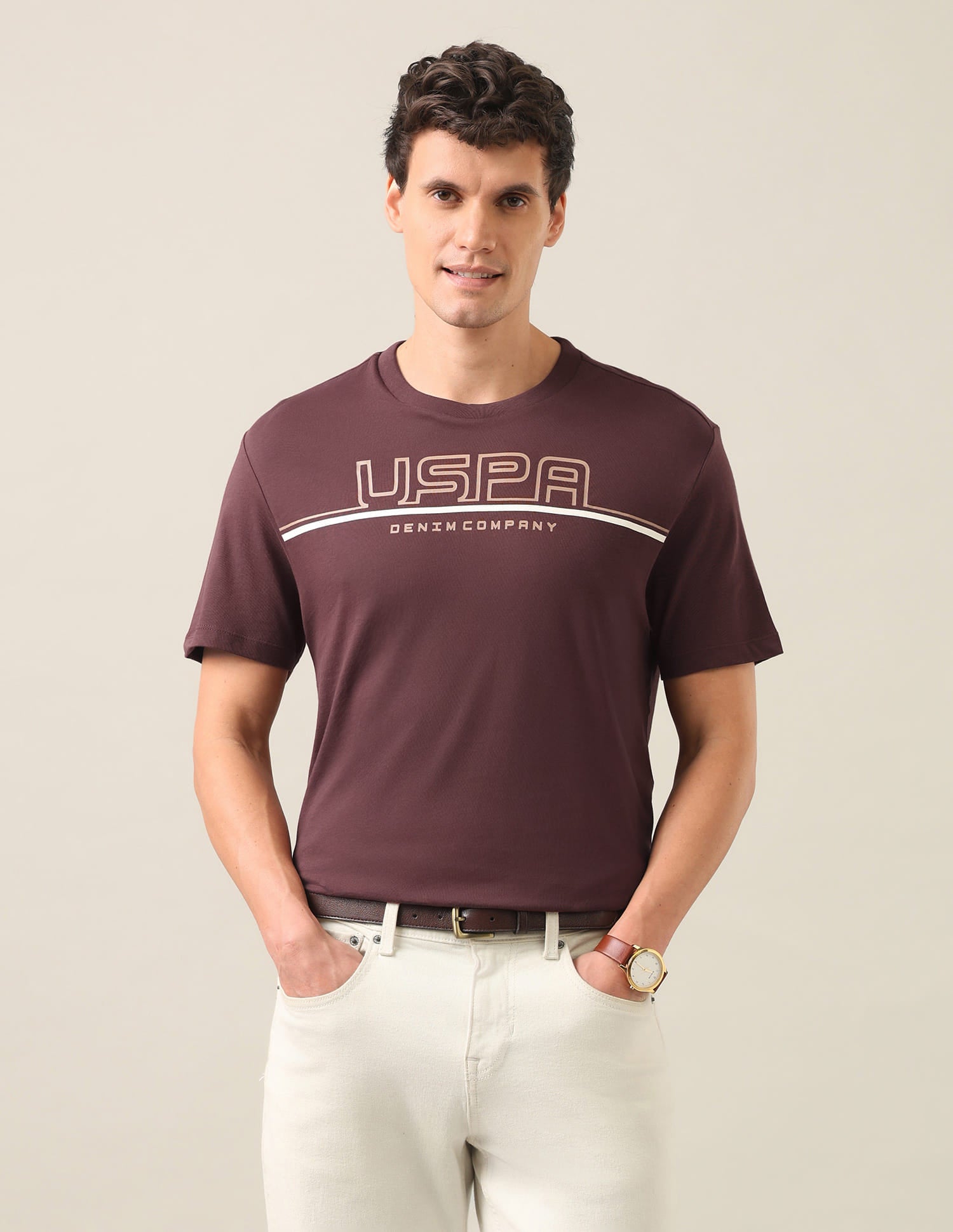 Typographic Brand Printed Regular Fit T-Shirt Maroon - U.S. Polo Assn. India | Large