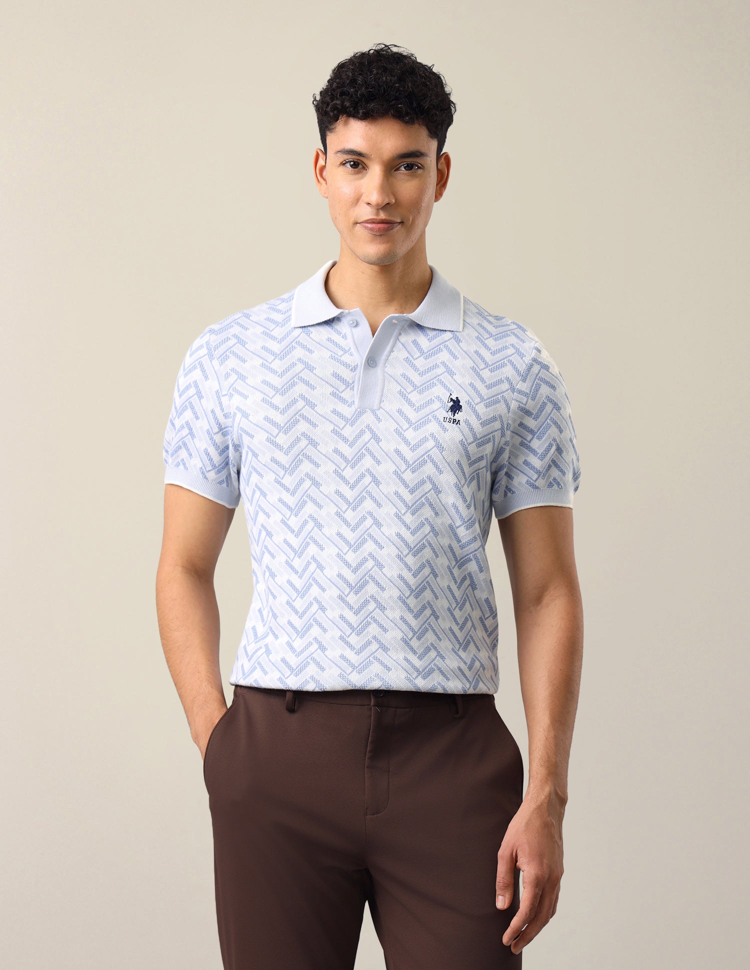 Geometric Patterned Knit Slim Fit Polo Shirt Blue - U.S. Polo Assn. India | Large