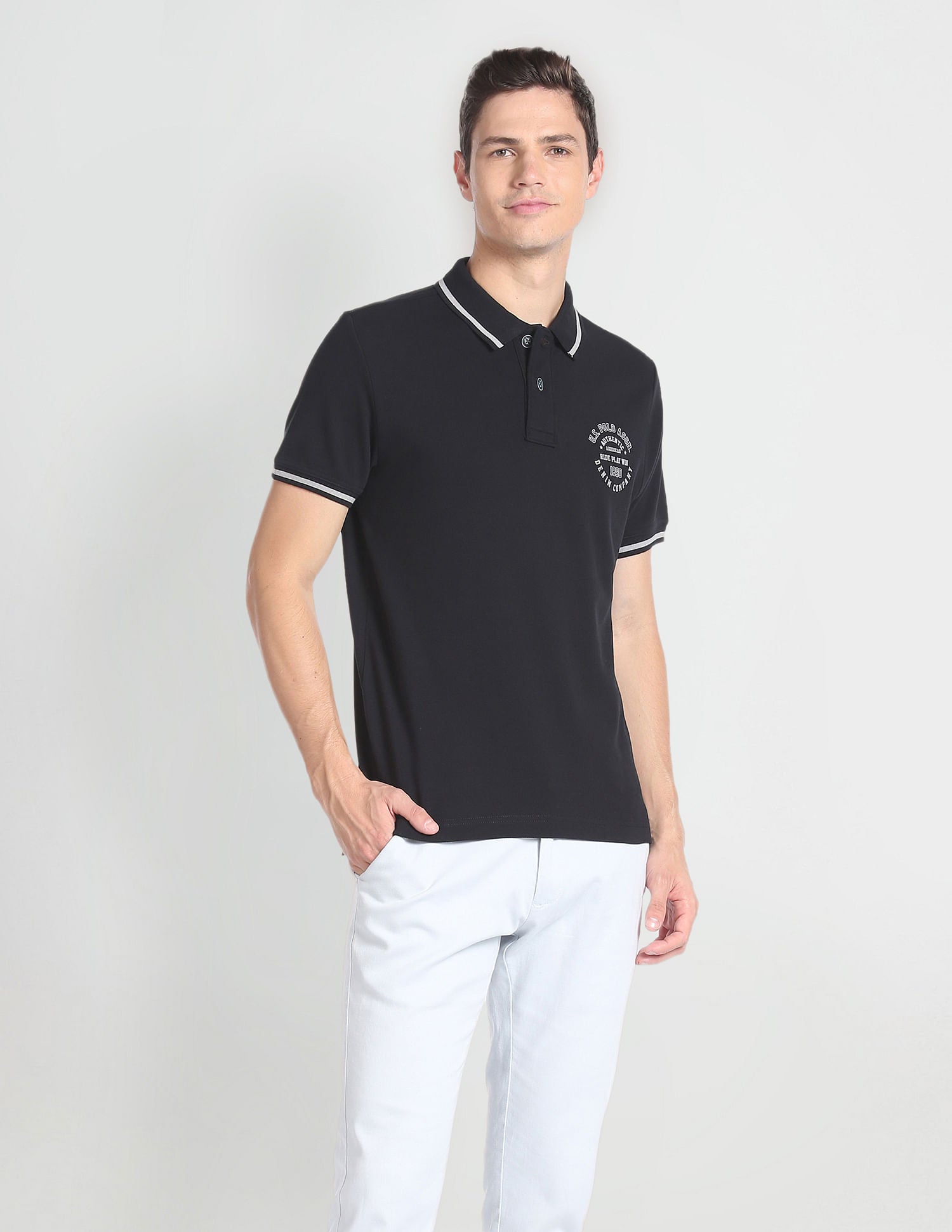 Striped Collar Cotton Polo Shirt
