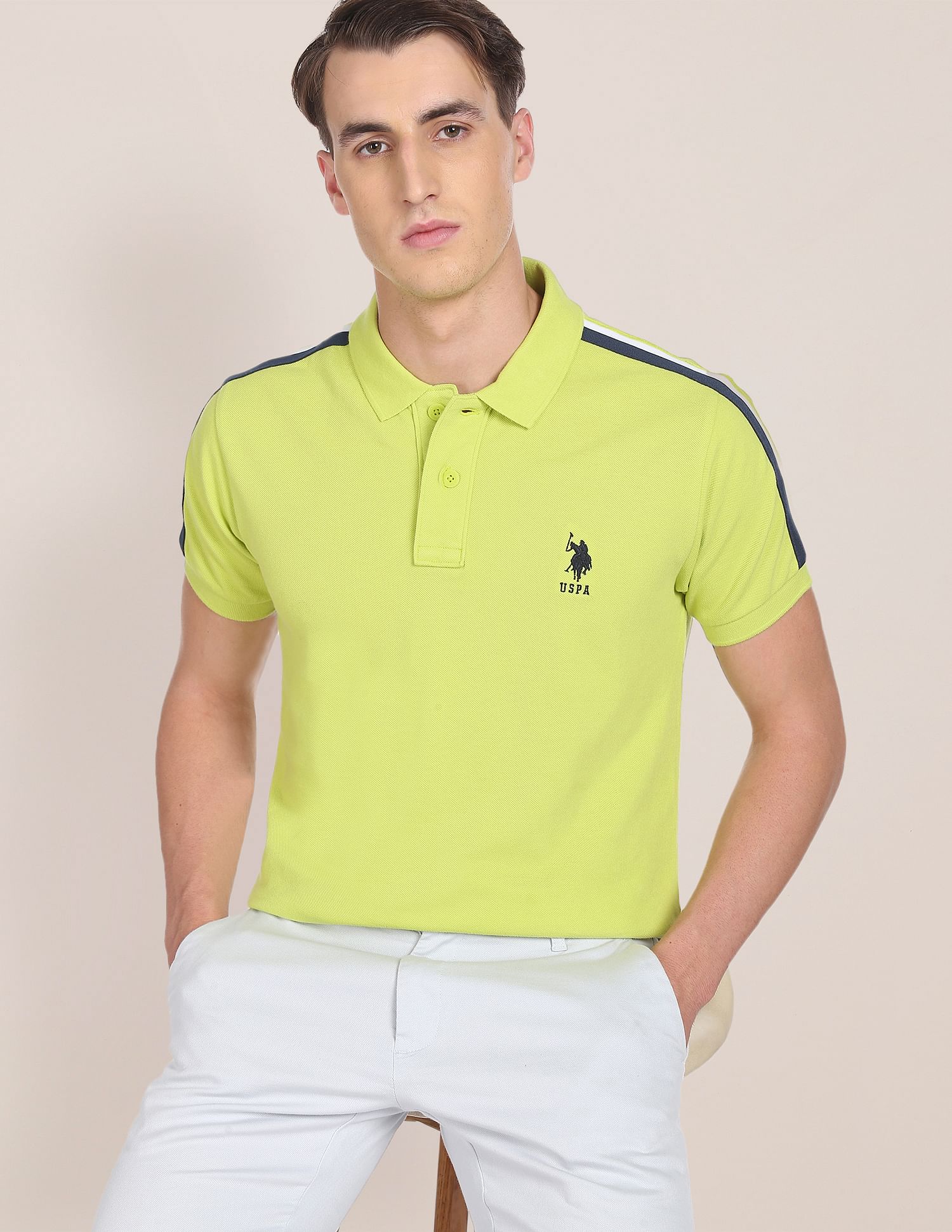 Striped Tape Solid Pure Cotton Polo Shirt Lime Green - U.S. Polo Assn. India | Large