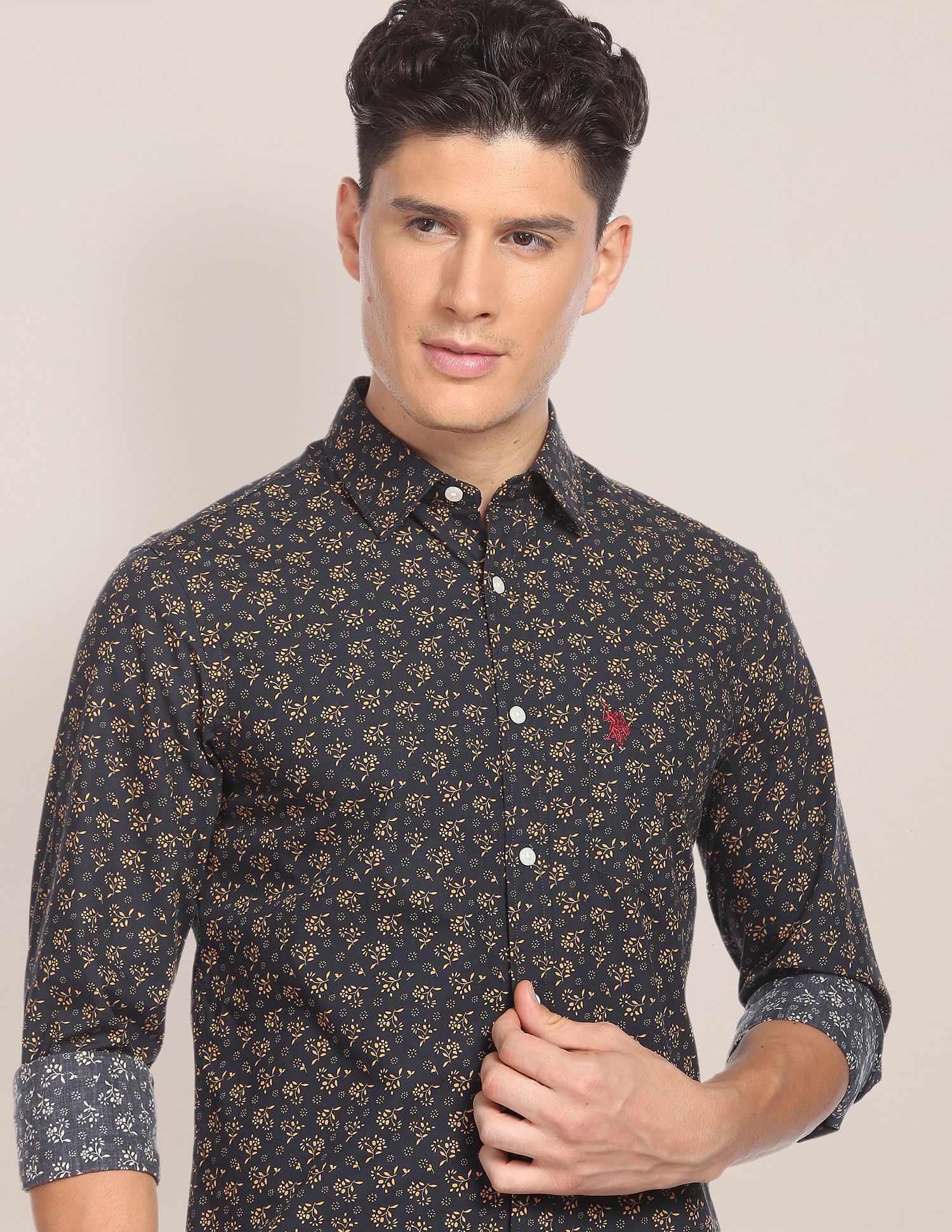 Floral Cotton Shirt Navy and Ochre - U.S. Polo Assn. India | Large
