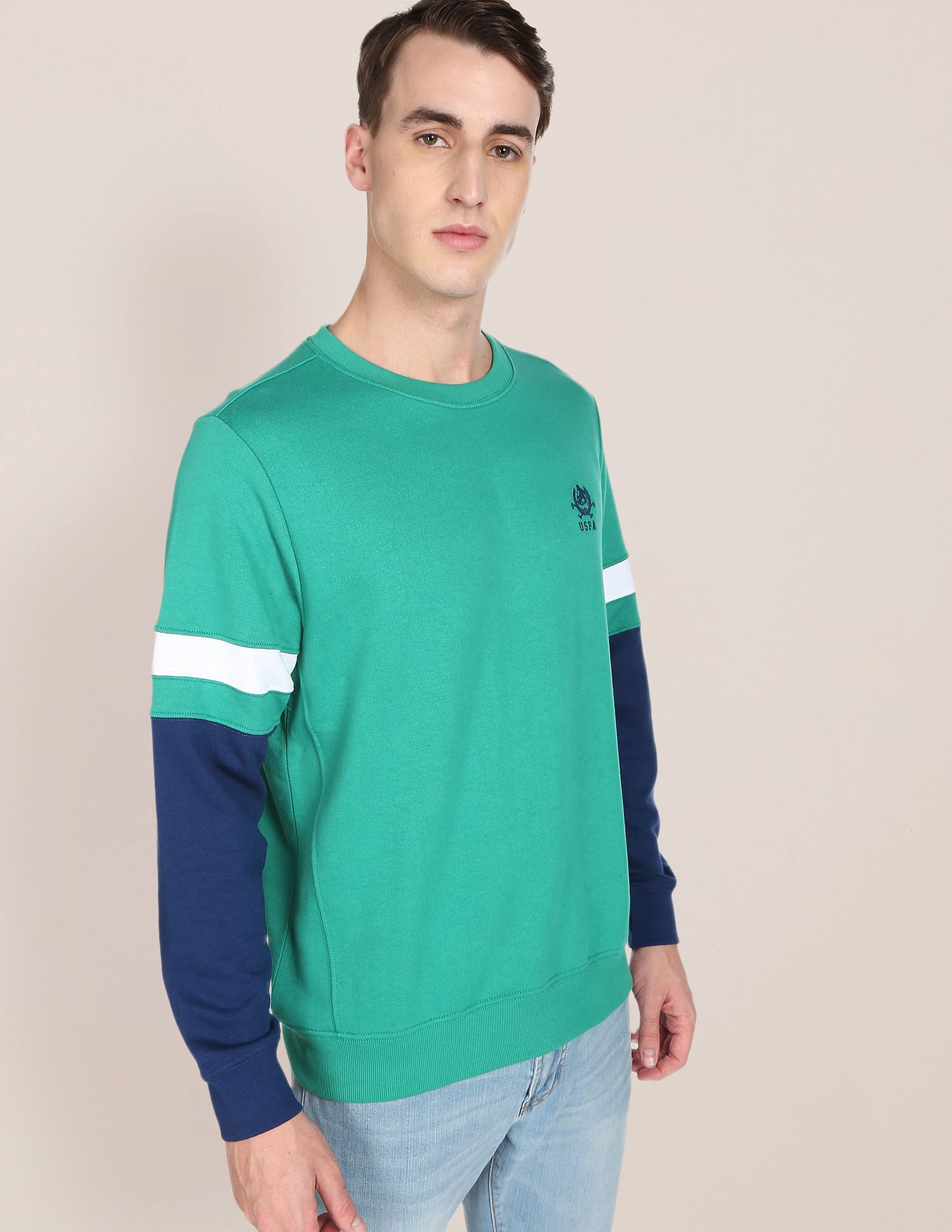 Colour Block Crew Neck Sweatshirt Teal - U.S. Polo Assn. India | Large