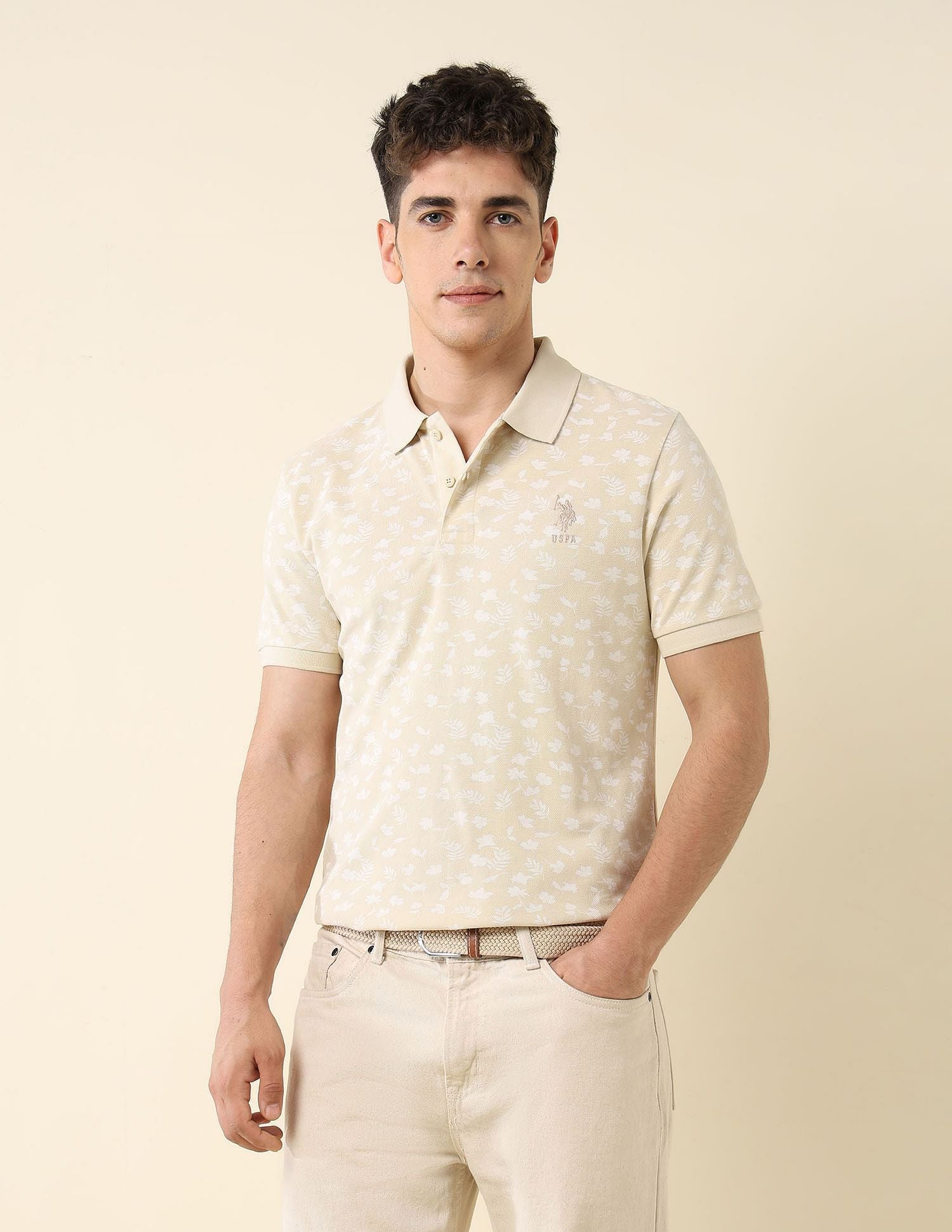 All-Over Printed Slim Fit Polo Shirt Beige - U.S. Polo Assn. India | Large