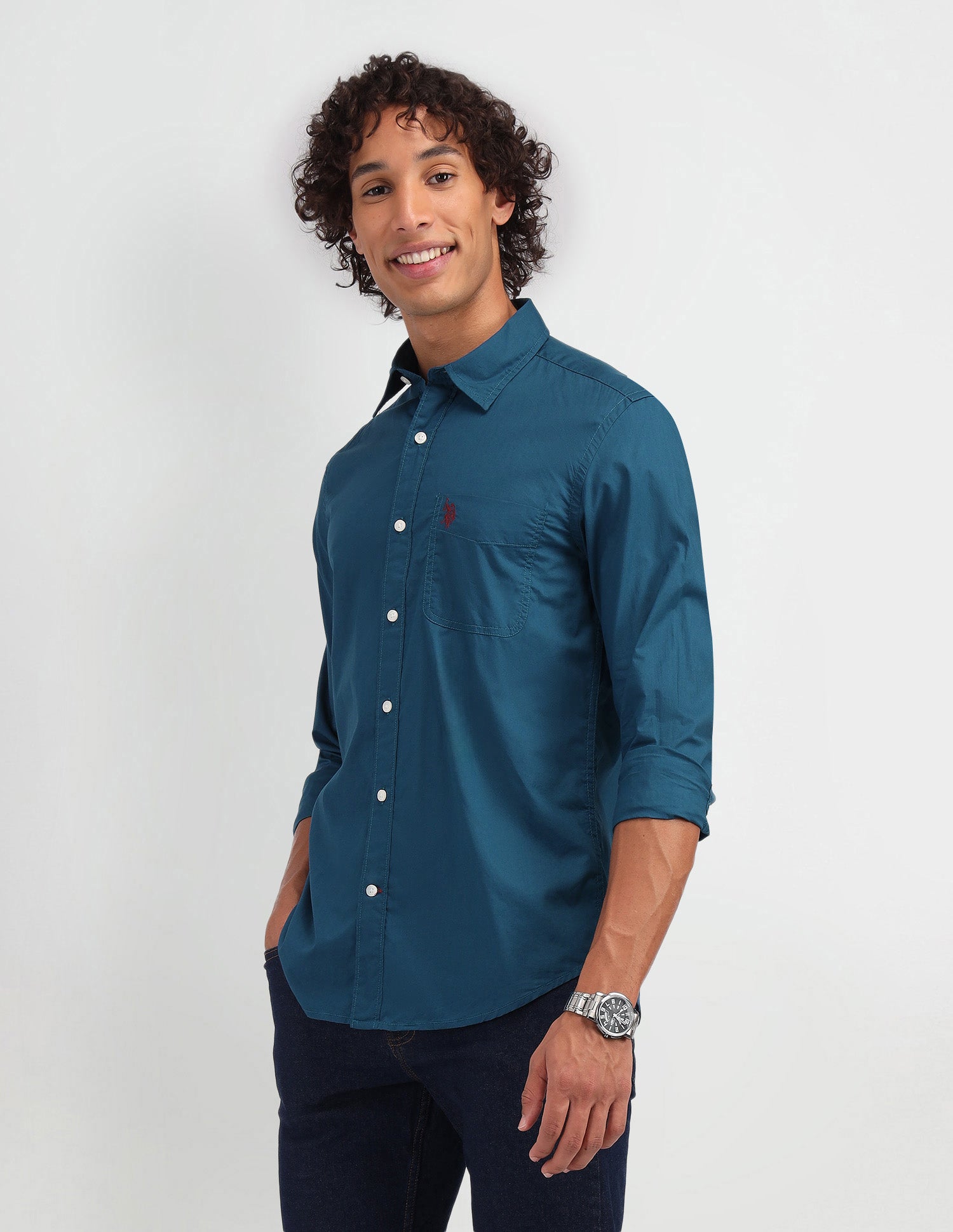 Solid Pattern Twill Shirt Teal - U.S. Polo Assn. India | Large