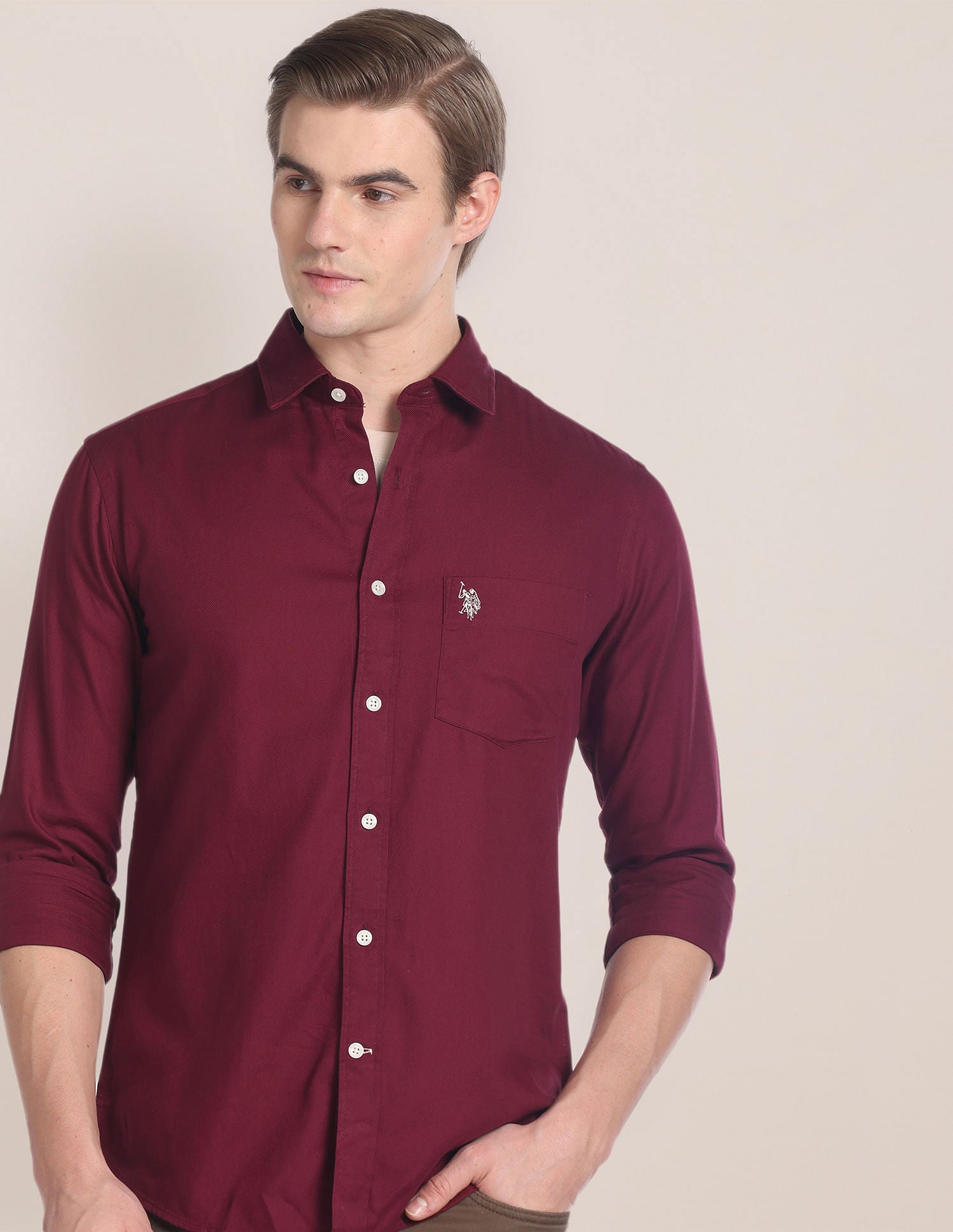 Solid Cotton Casual Shirt Maroon - U.S. Polo Assn. India | Large