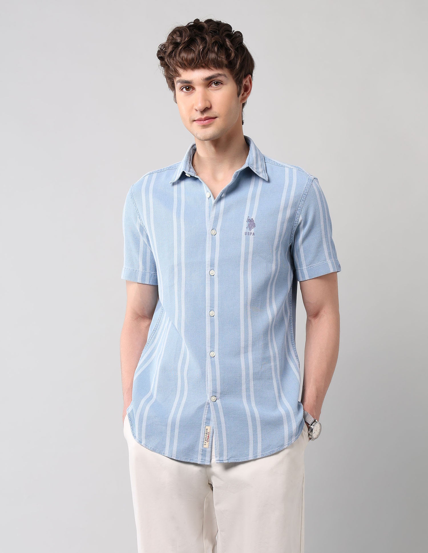 Vertical Striped Pure Cotton Shirt Light Indigo - U.S. Polo Assn. India | Large