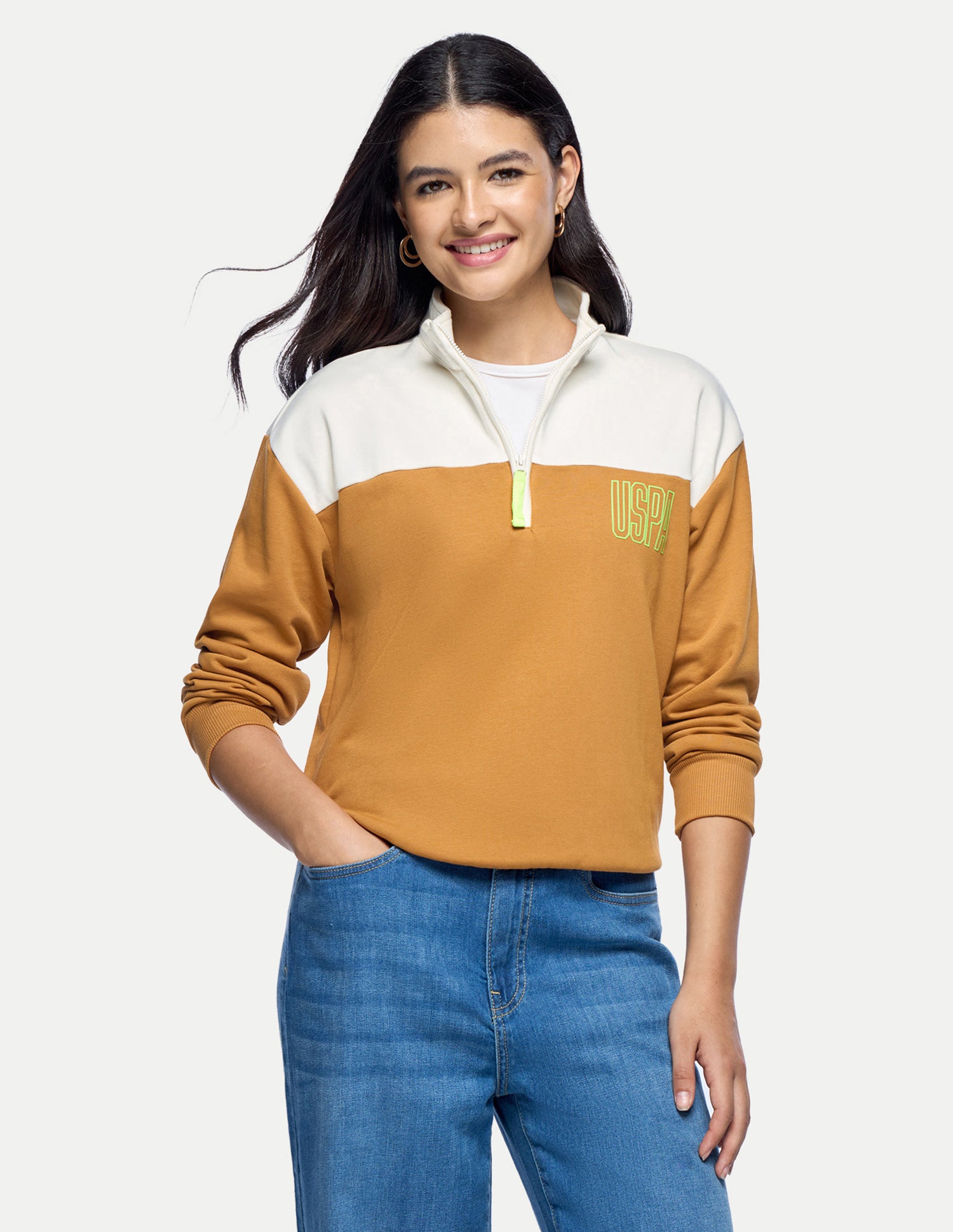 Colourblocked Regular Fit Sweatshirt Light Brown - U.S. Polo Assn. India | Large