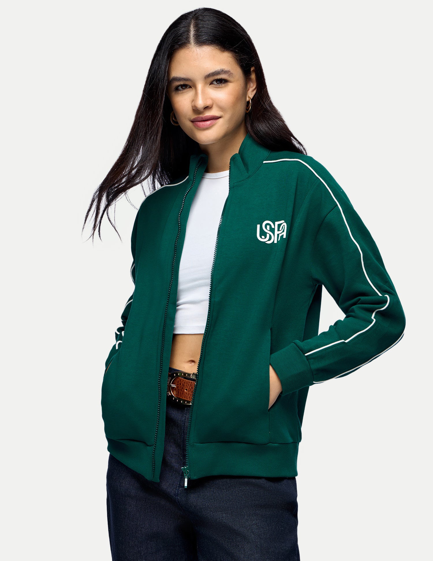 Contrast Piping Zipper Jacket Dark Green - U.S. Polo Assn. India | Large