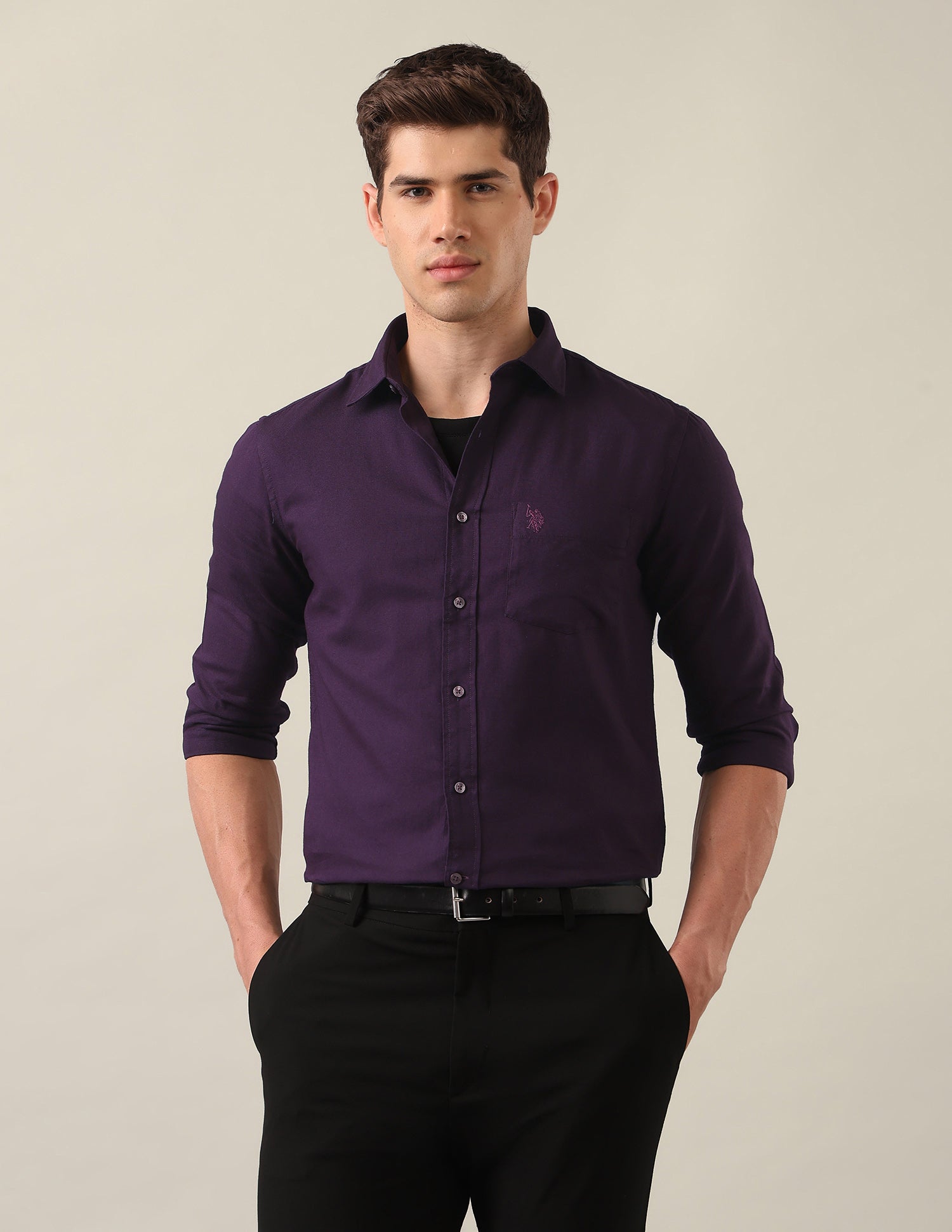 Tailored Fit Solid Shirt Dark Purple - U.S. Polo Assn. India | Large