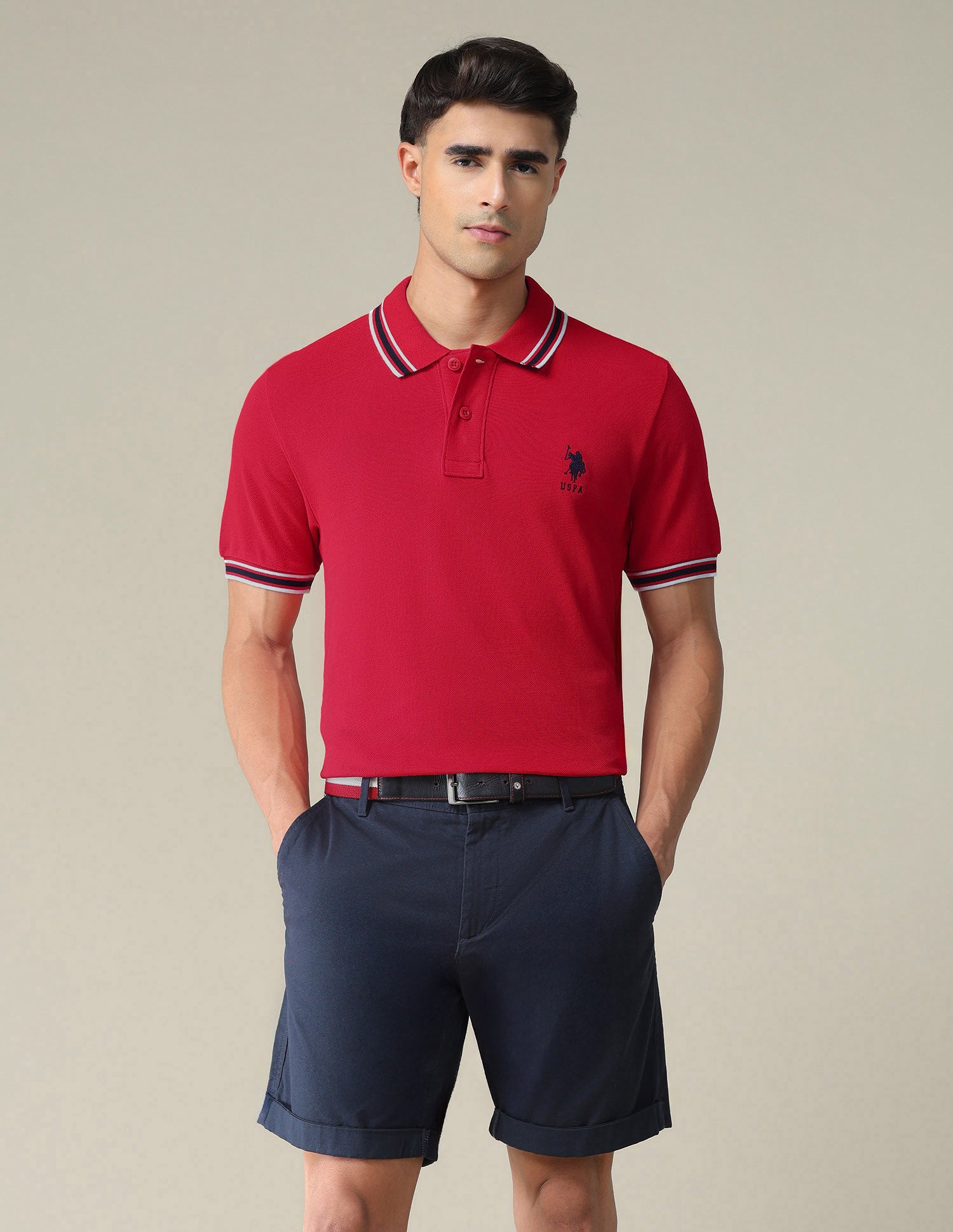 Striped Collar Solid Polo Shirt