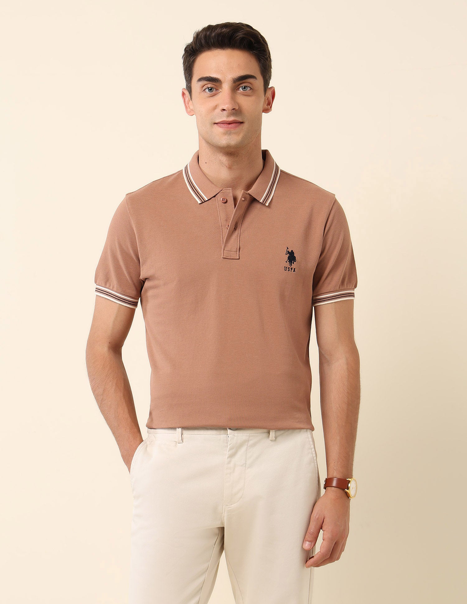 Slim Fit Solid Polo Shirt Beige - U.S. Polo Assn. India | Large