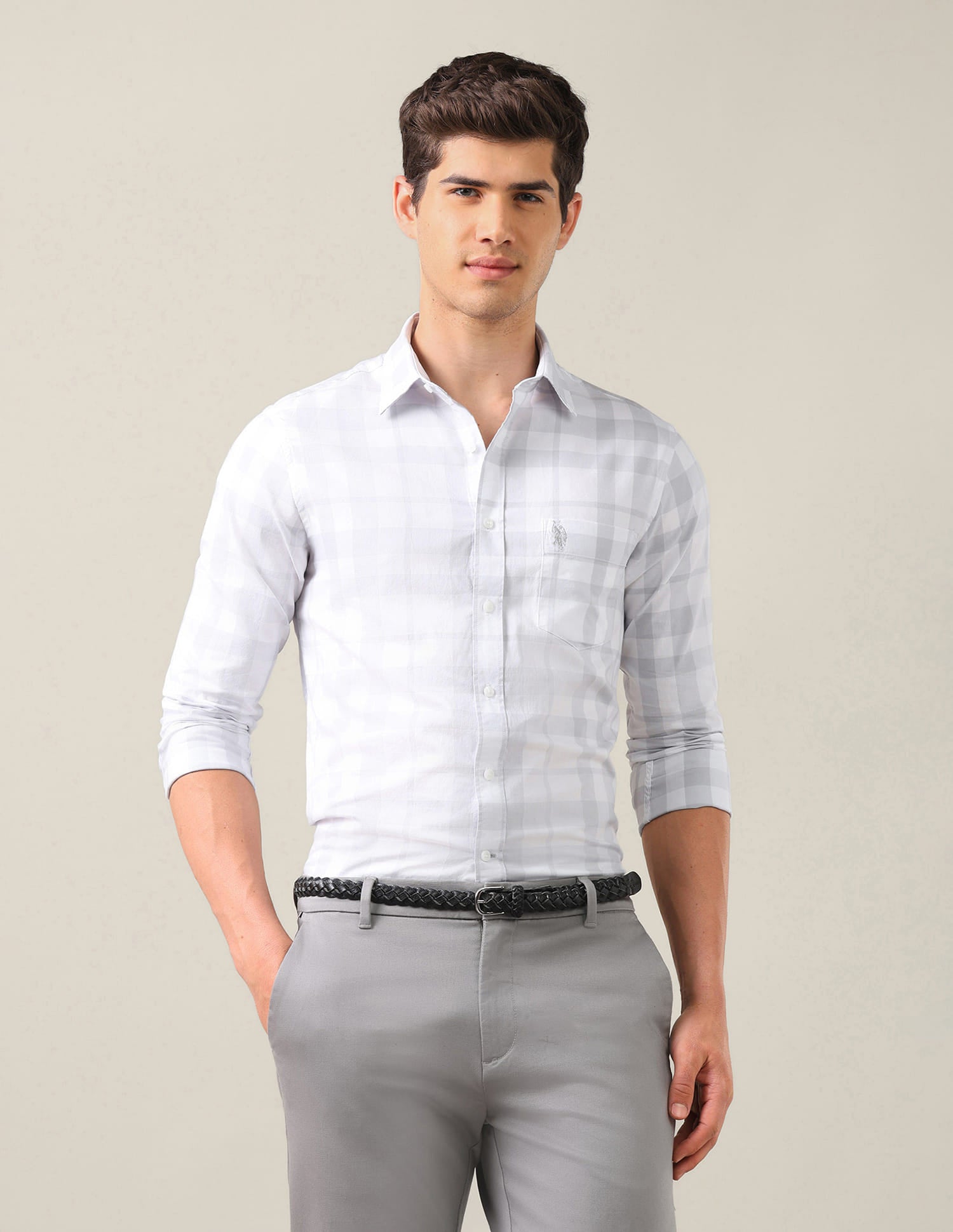 Grid Tattersall Checked Tailored Fit Shirt Grey - U.S. Polo Assn. India | Large