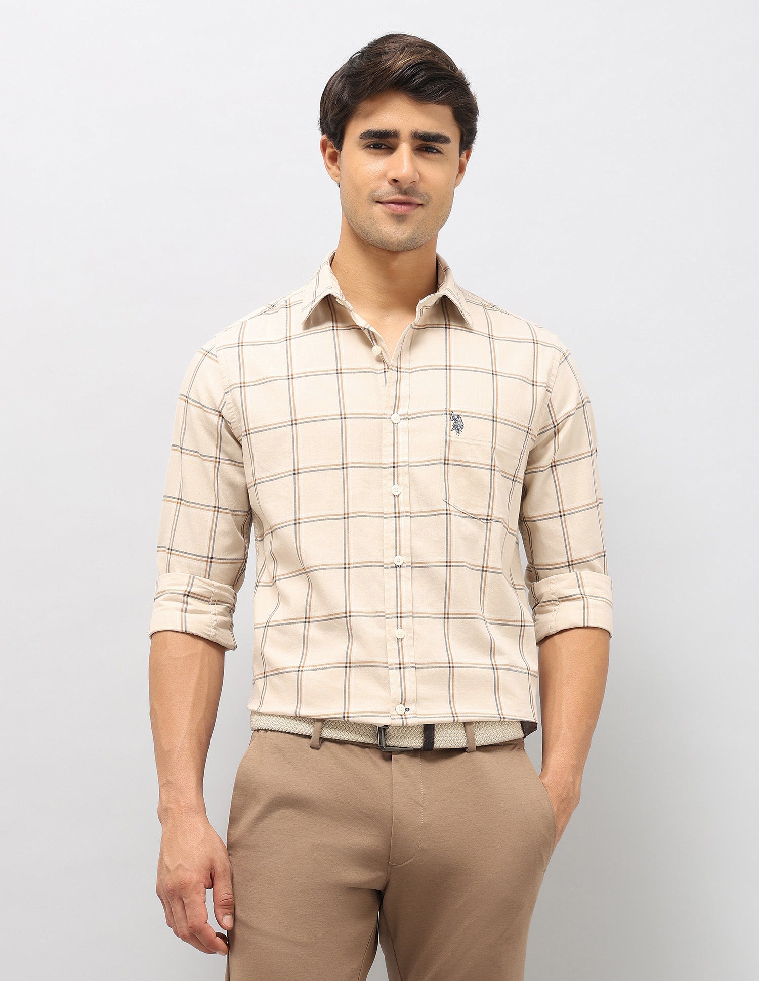 Windowpane Checked Pure Cotton Shirt Beige - U.S. Polo Assn. India | Large