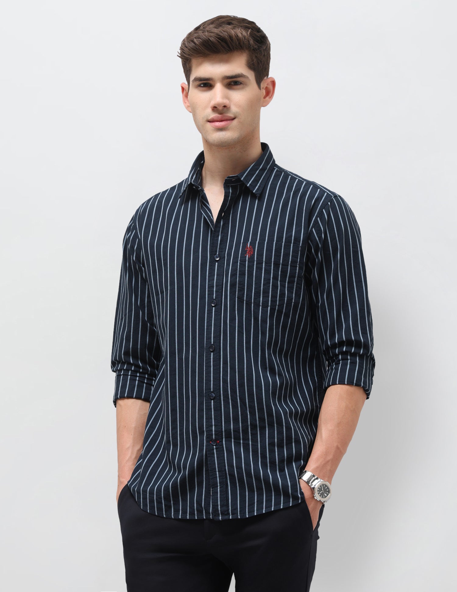 Seersucker Vertical Striped Shirt Navy - U.S. Polo Assn. India | Large