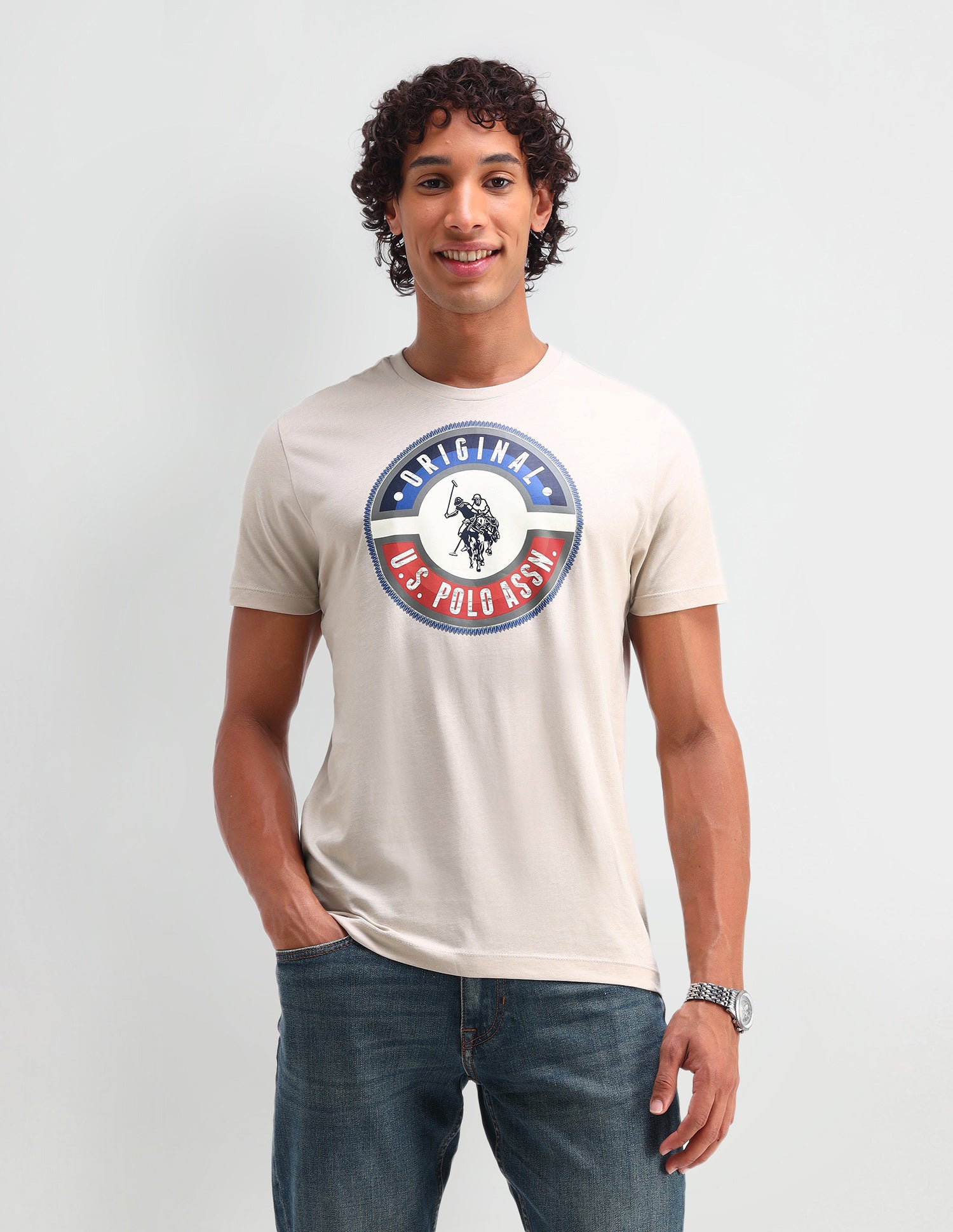 Brand Printed Muscle Fit T-Shirt Beige - U.S. Polo Assn. India | Large