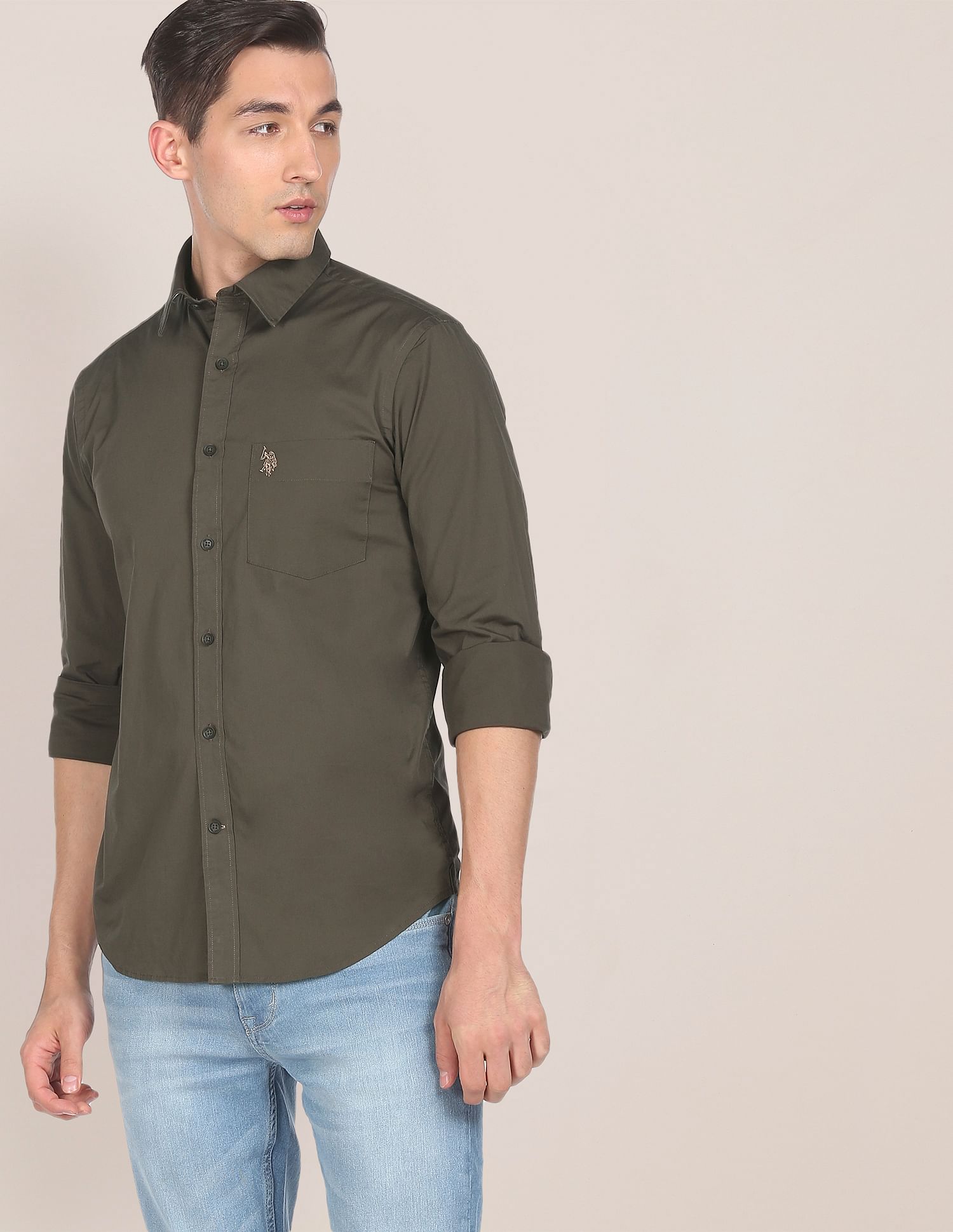Solid Tailored Fit Casual Shirt Olive - U.S. POLO ASSN. | Large