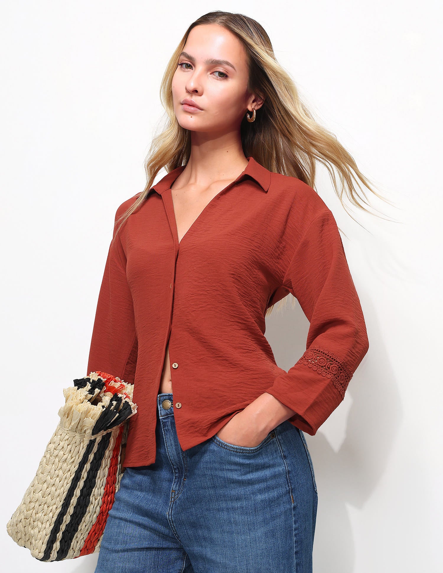 V-Neck Top With Lace Detail