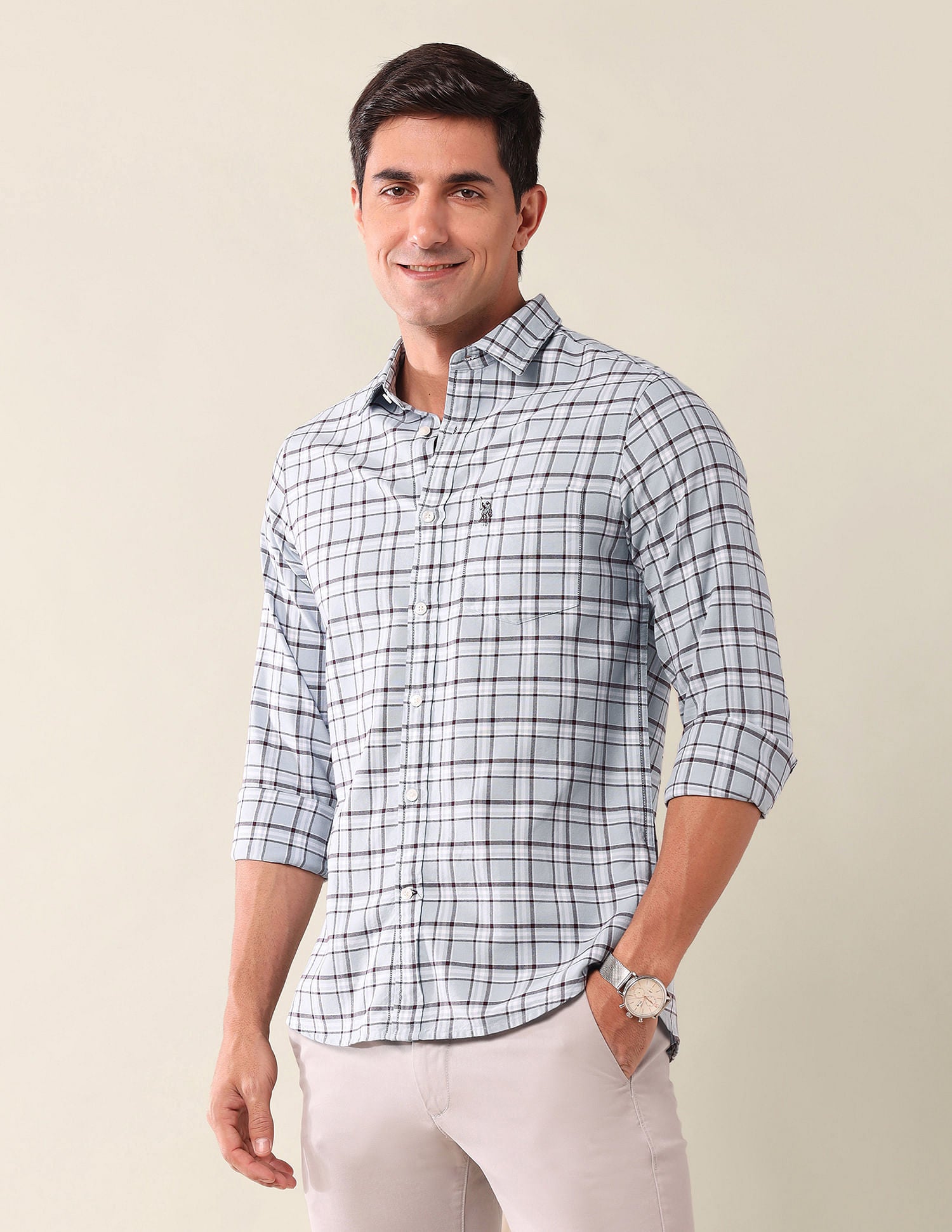 Tailored Fit Checked Shirt Light Grey - U.S. Polo Assn. India | Large