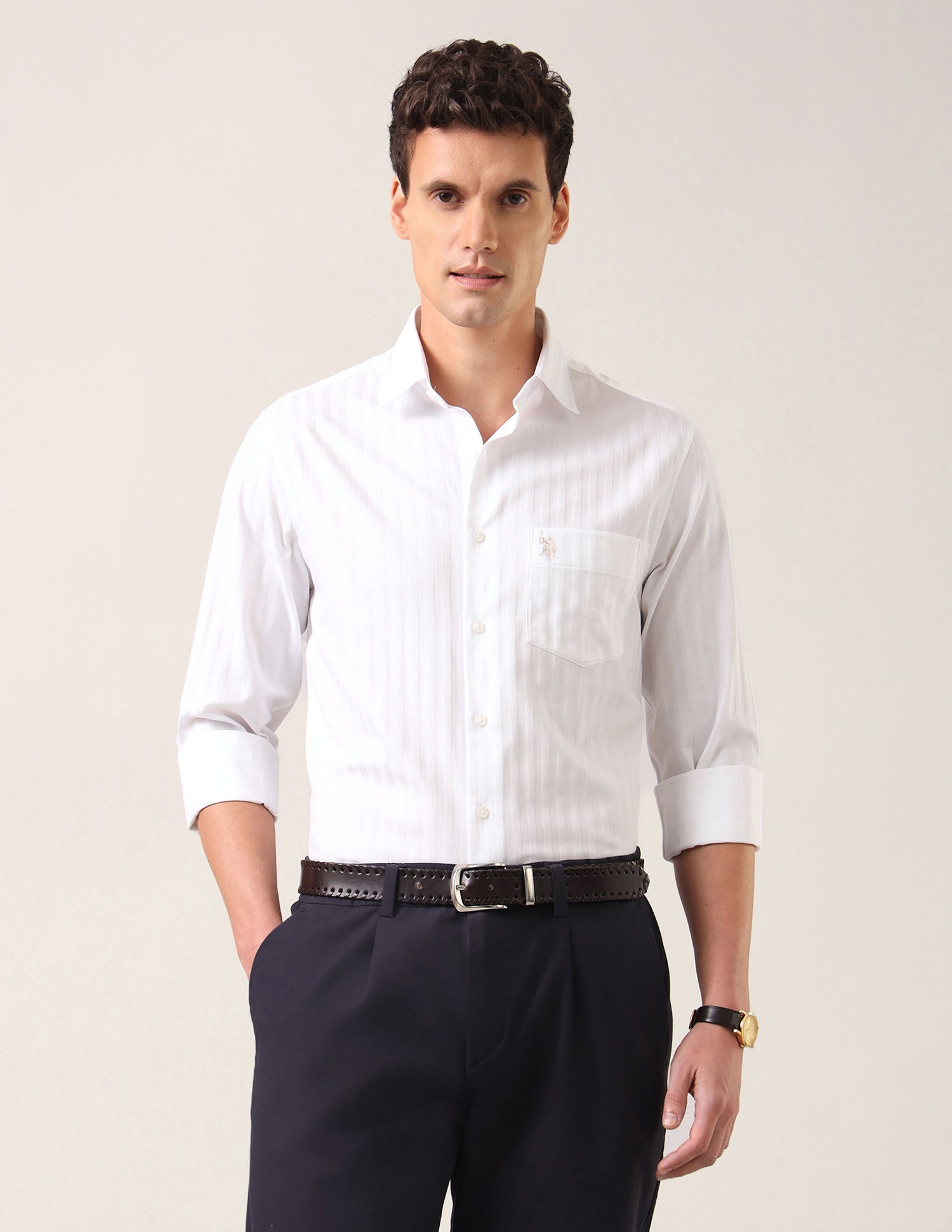 Self Design Vertical Striped Tailored Fit Shirt White - U.S. Polo Assn. India | Large
