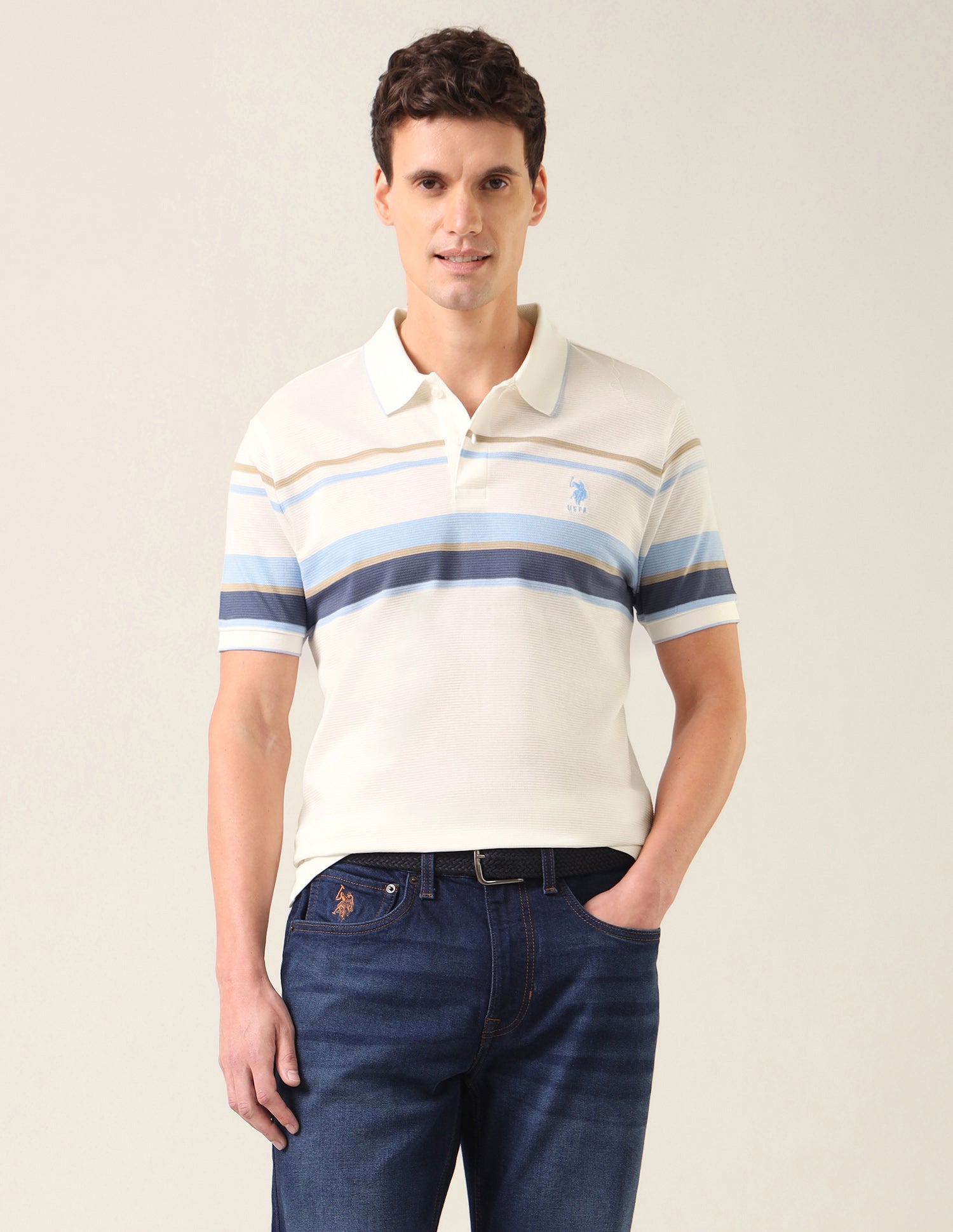 Horizontal Striped Slim Fit Polo Shirt Off White - U.S. Polo Assn. India | Large