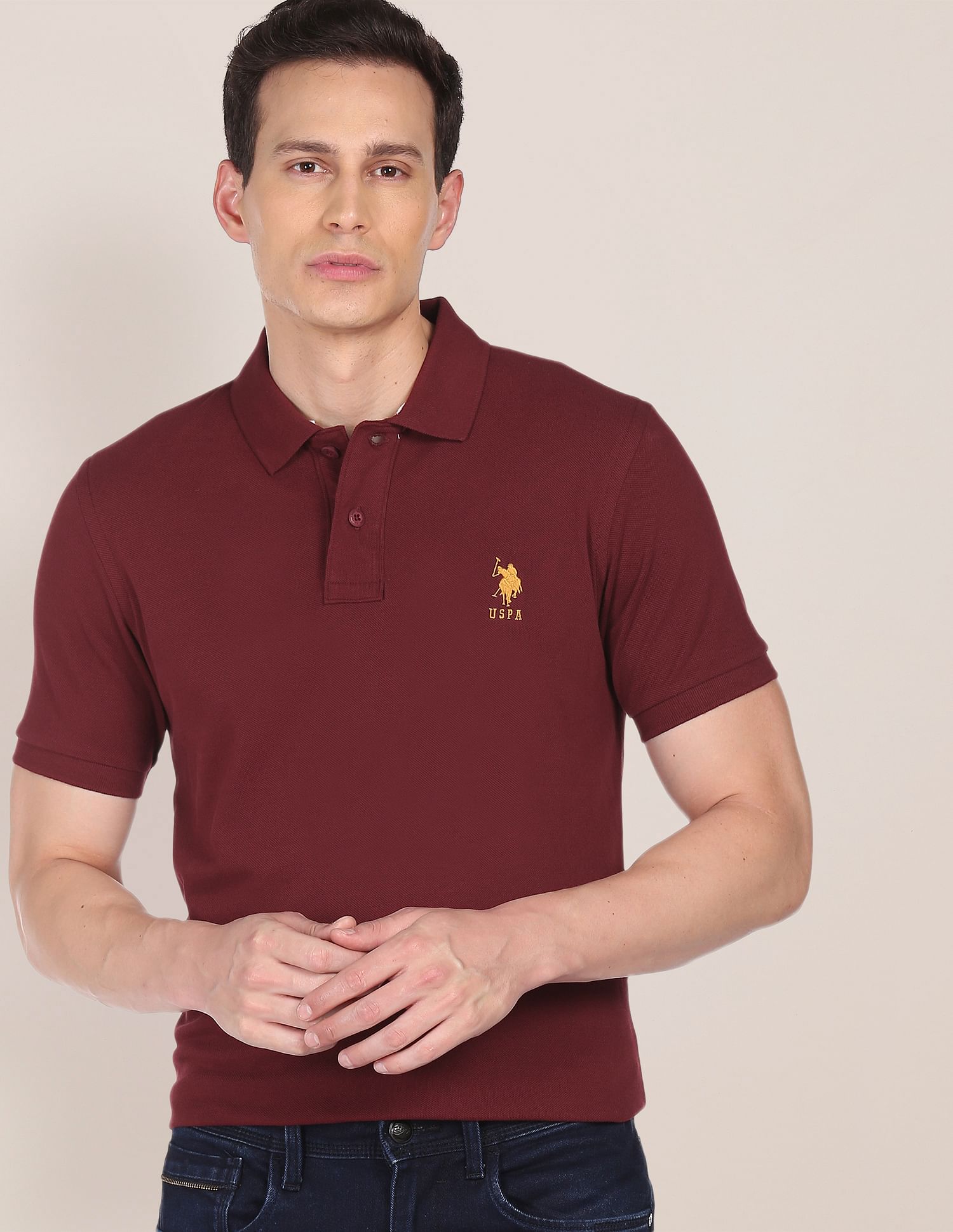 Ribbed Collar Solid Polo Shirt Maroon - U.S. POLO ASSN. | Large