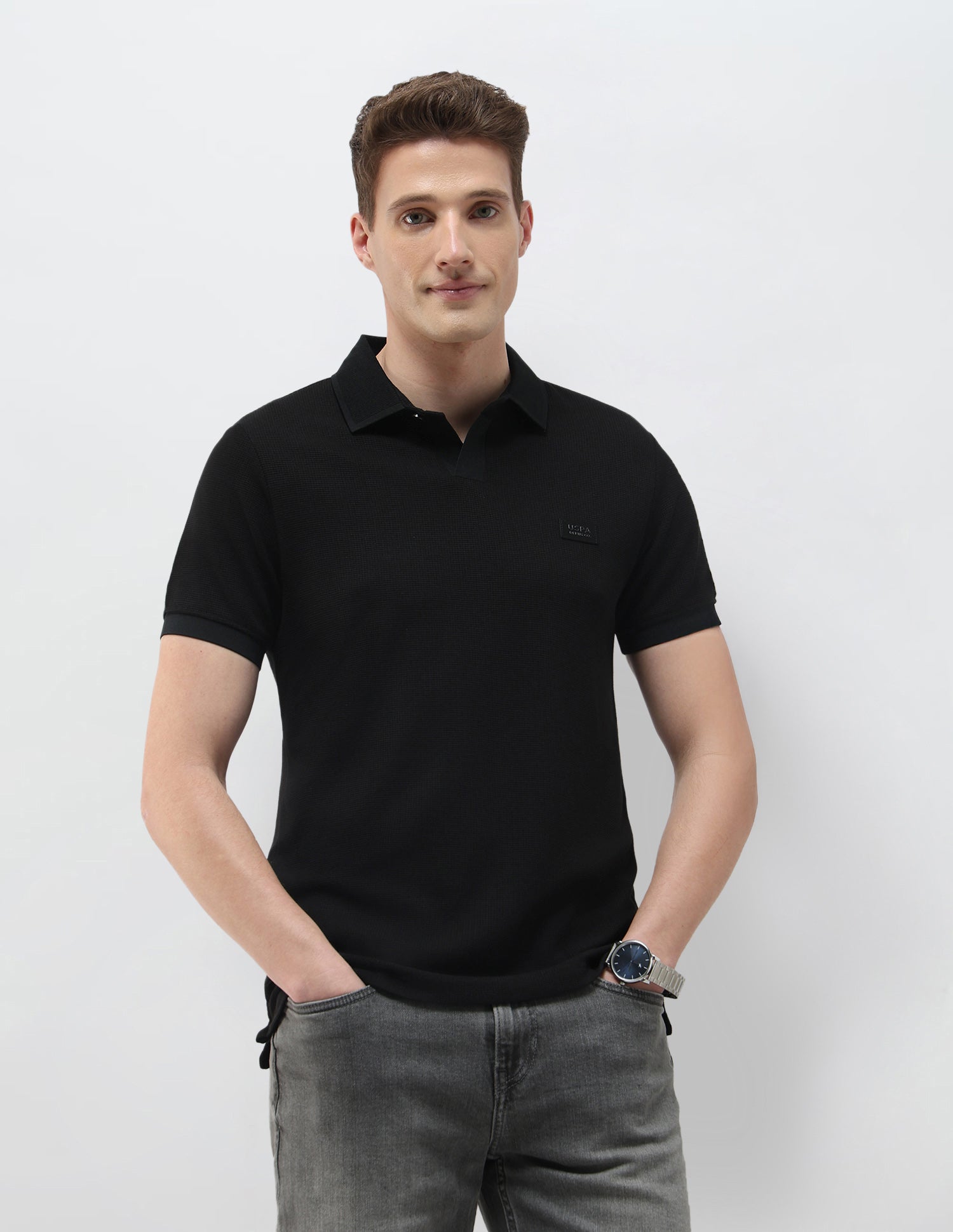 Textured Black & Gold Slim Fit Polo Shirt