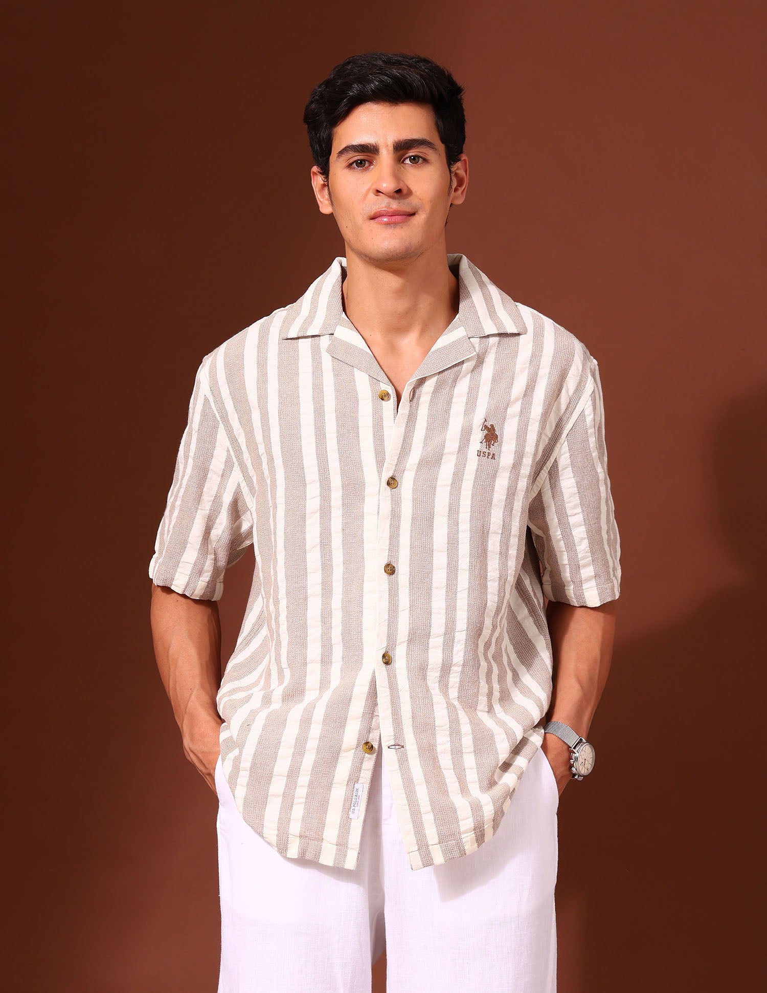 Vertical Striped Pure Cotton Shirt Brown - U.S. Polo Assn. India | Large