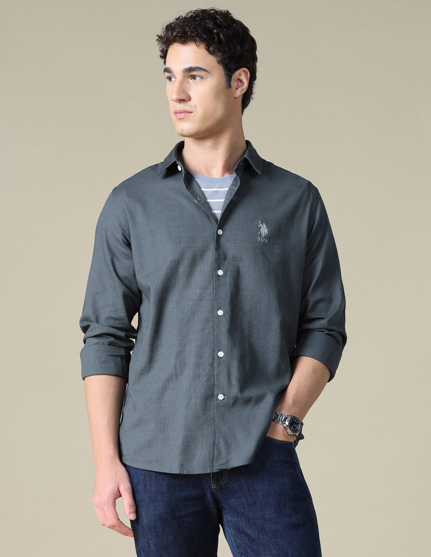 Solid Regular Fit Shirt Dark Grey - U.S. Polo Assn. India | Large
