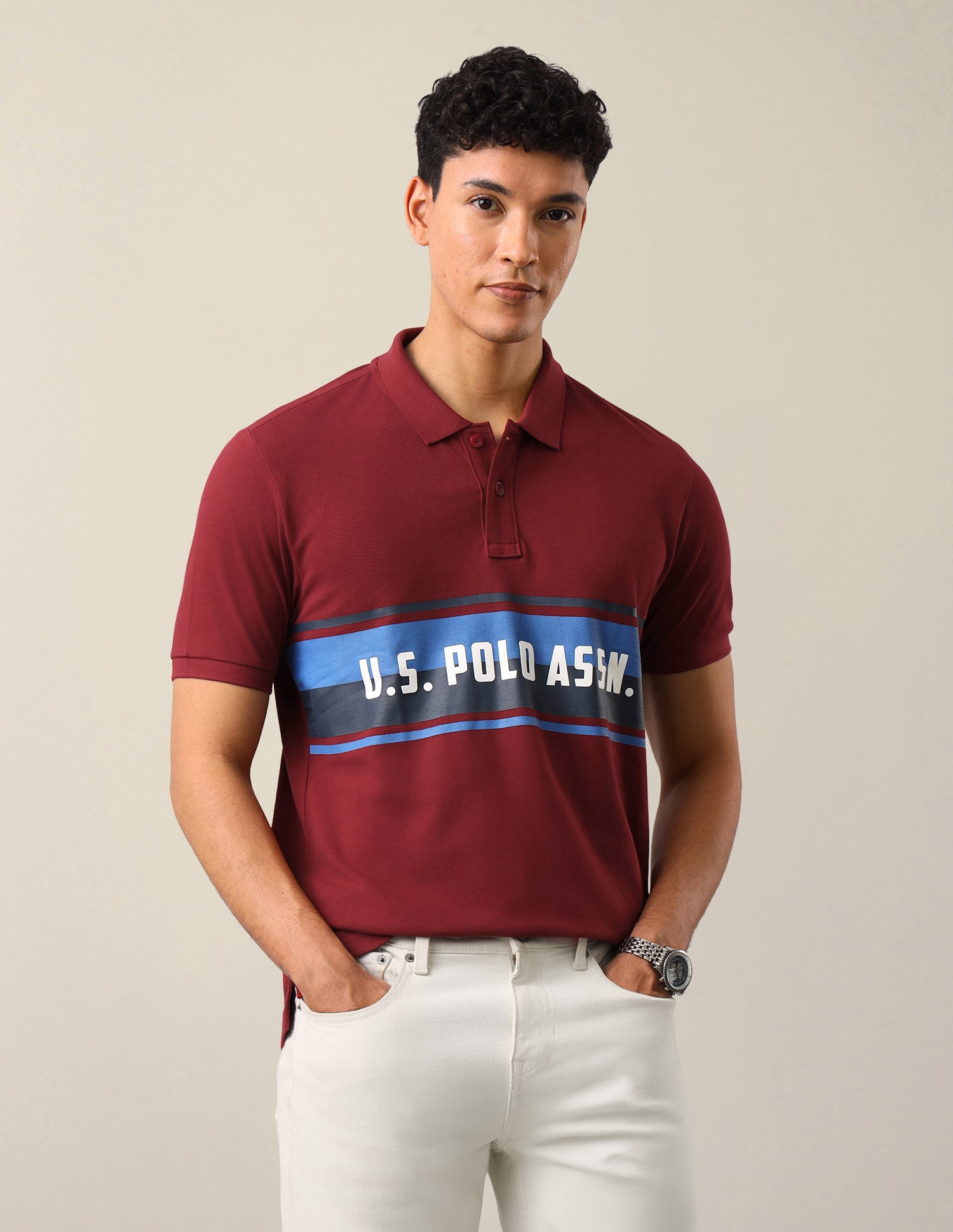 Colourblocked With Brand Printed Slim Fit Polo Shirt Red - U.S. Polo Assn. India | Large