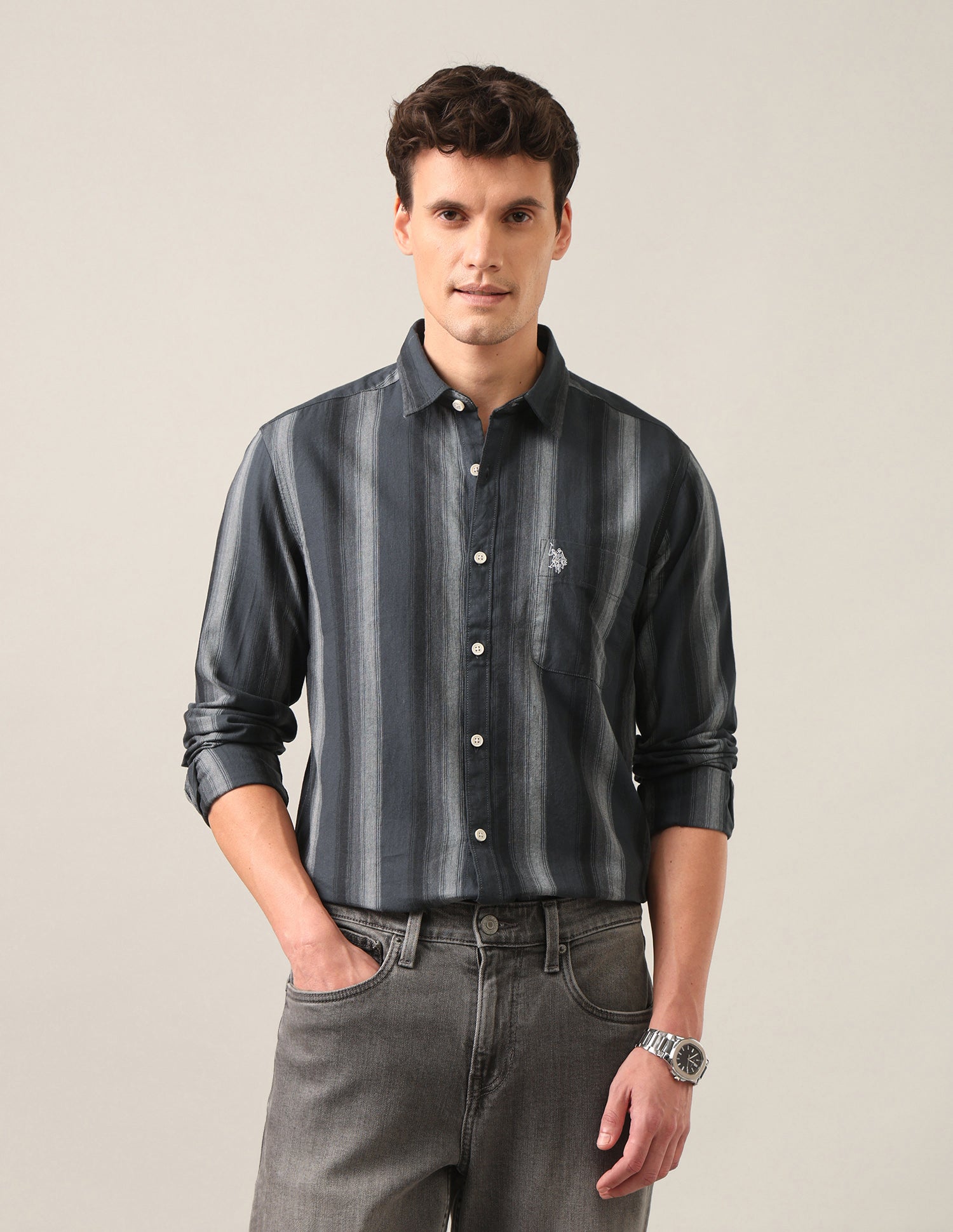 Vertical Striped Twill Shirt Grey - U.S. Polo Assn. India | Large