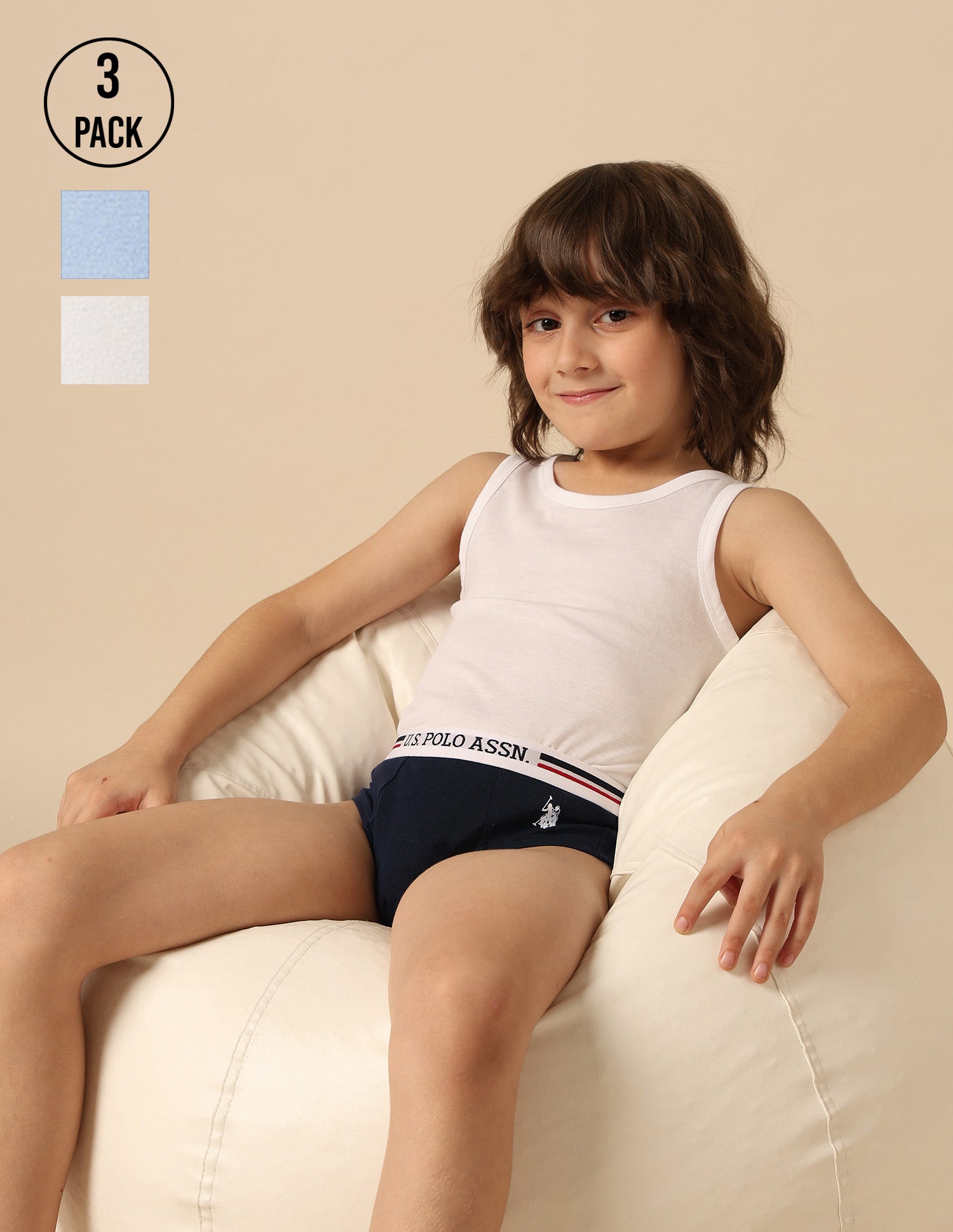 Boys Mid Rise Cotton Spandex EKB09 Briefs - Pack Of 3 White, Navy and Powderblue - U.S. POLO ASSN. | Large
