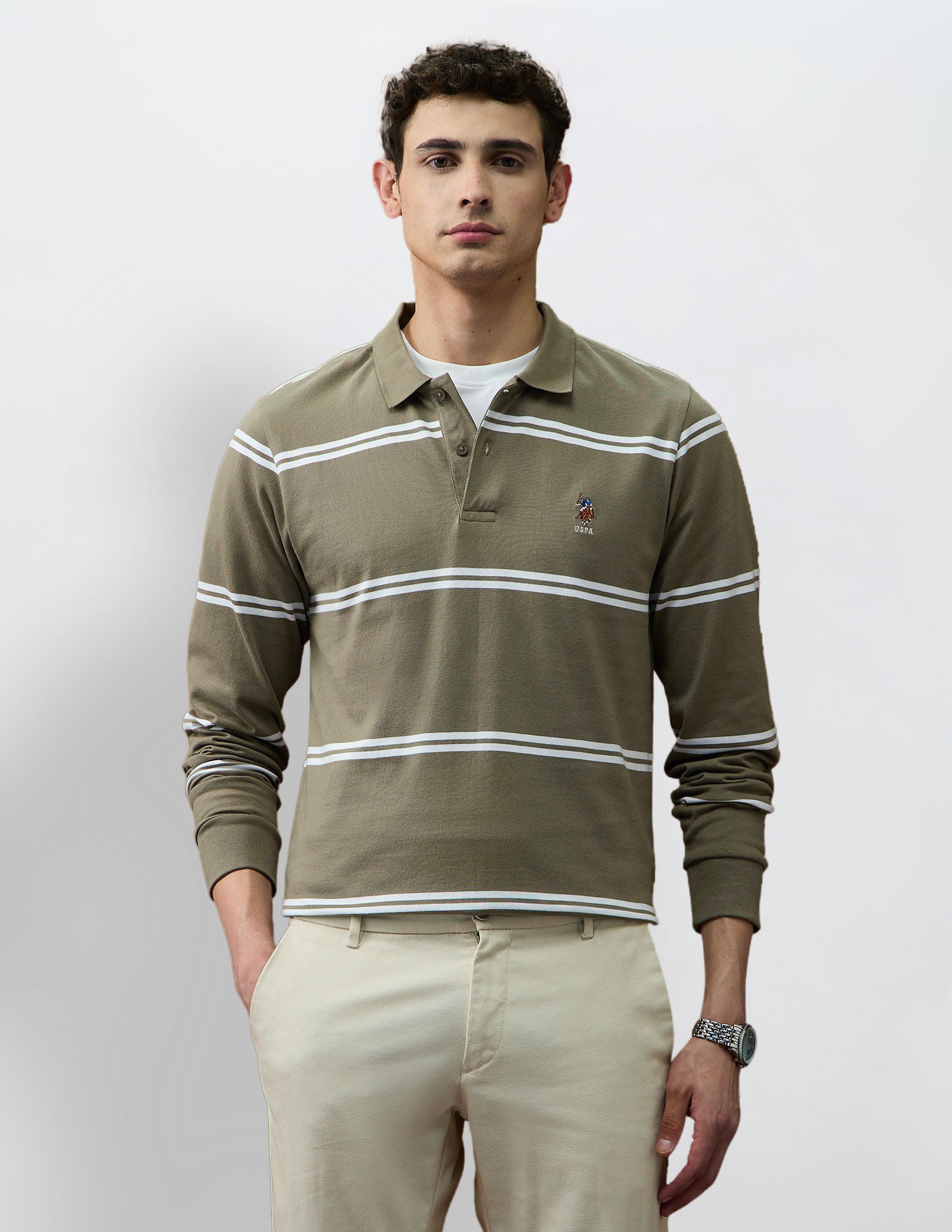Horizontal Striped Varsity Theatre Polo Shirt Light Olive - U.S. Polo Assn. India | Large