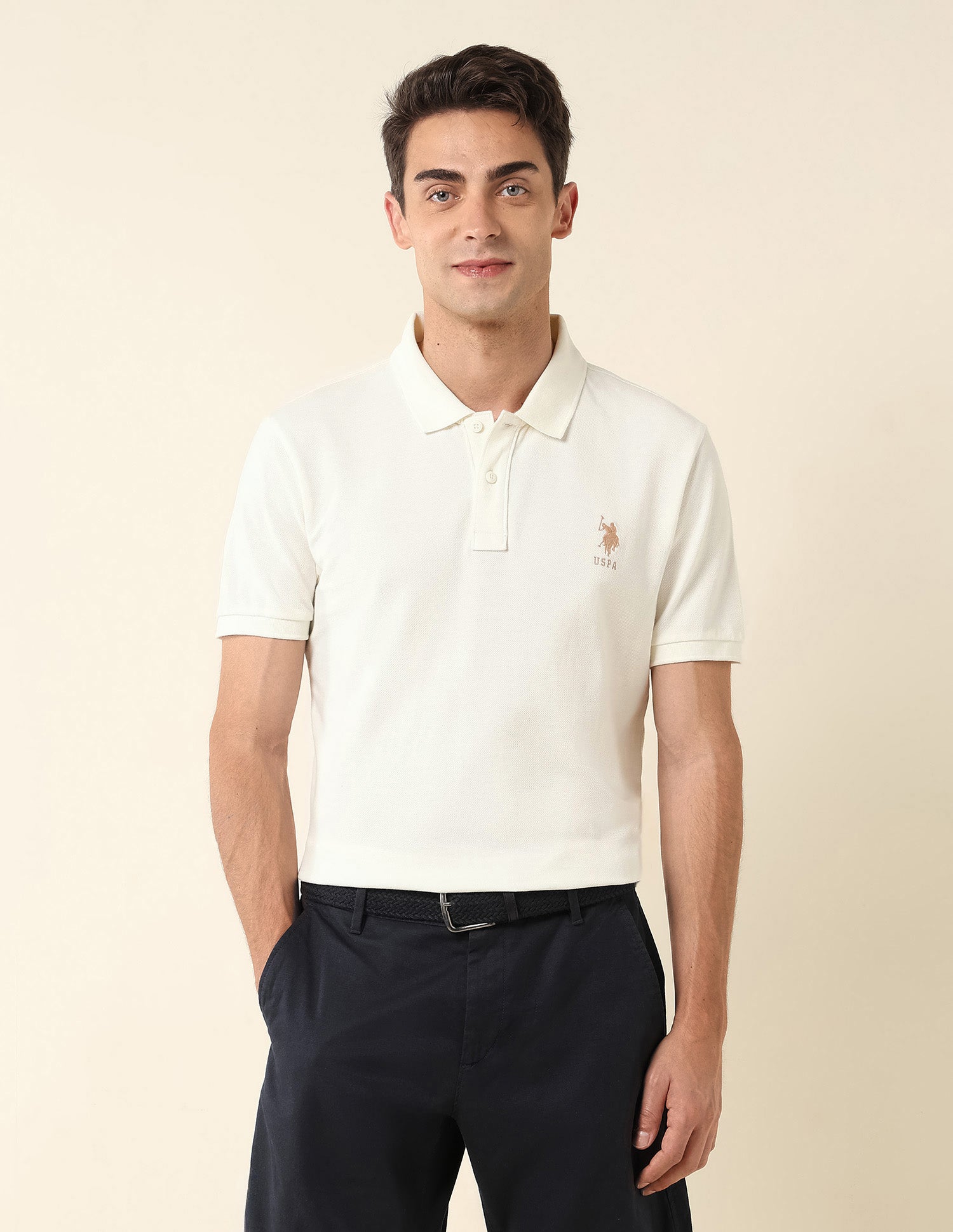 Slim Fit Pure Cotton Polo Shirt Off White - U.S. Polo Assn. India | Large