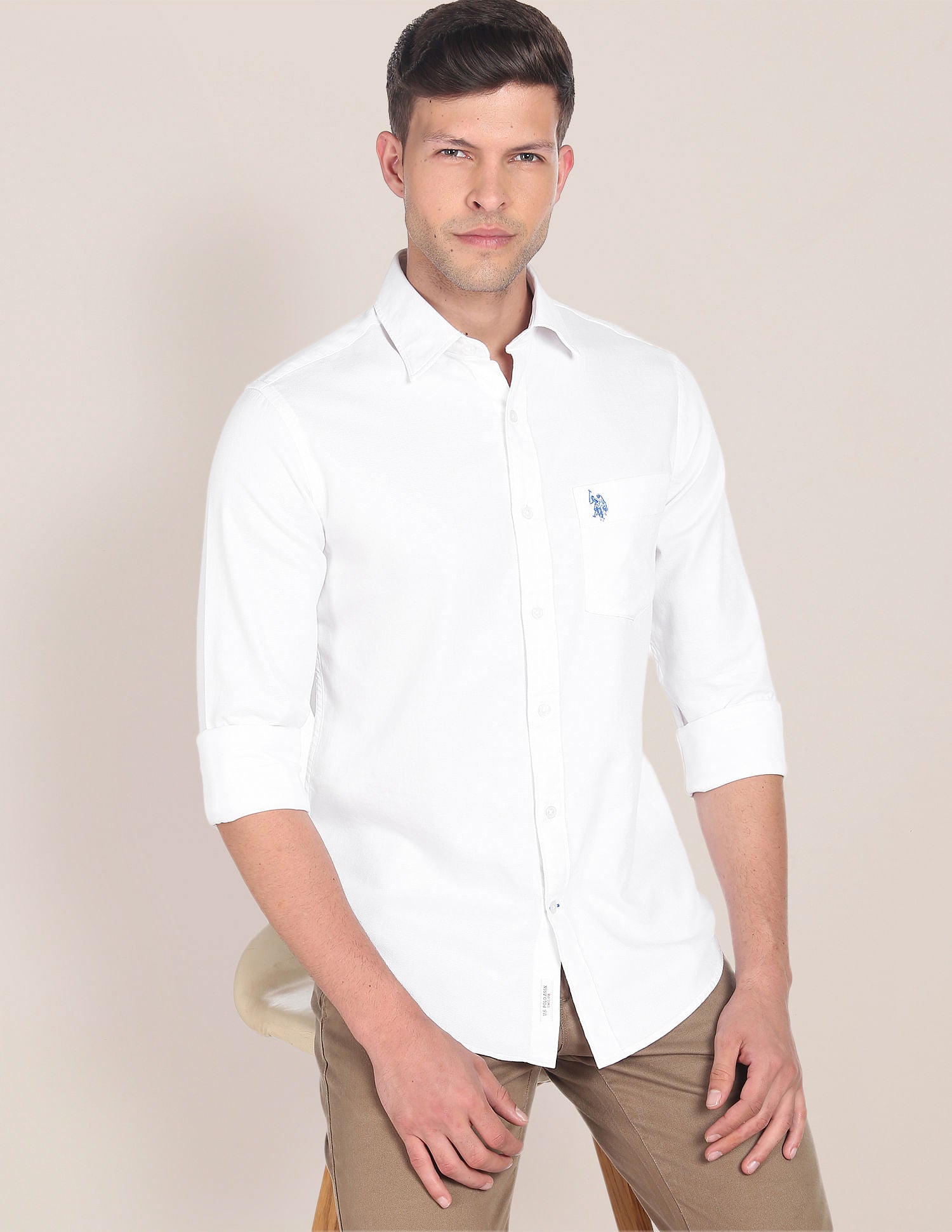 Birdseye Dobby Textured Solid Shirt White - U.S. Polo Assn. India | Large