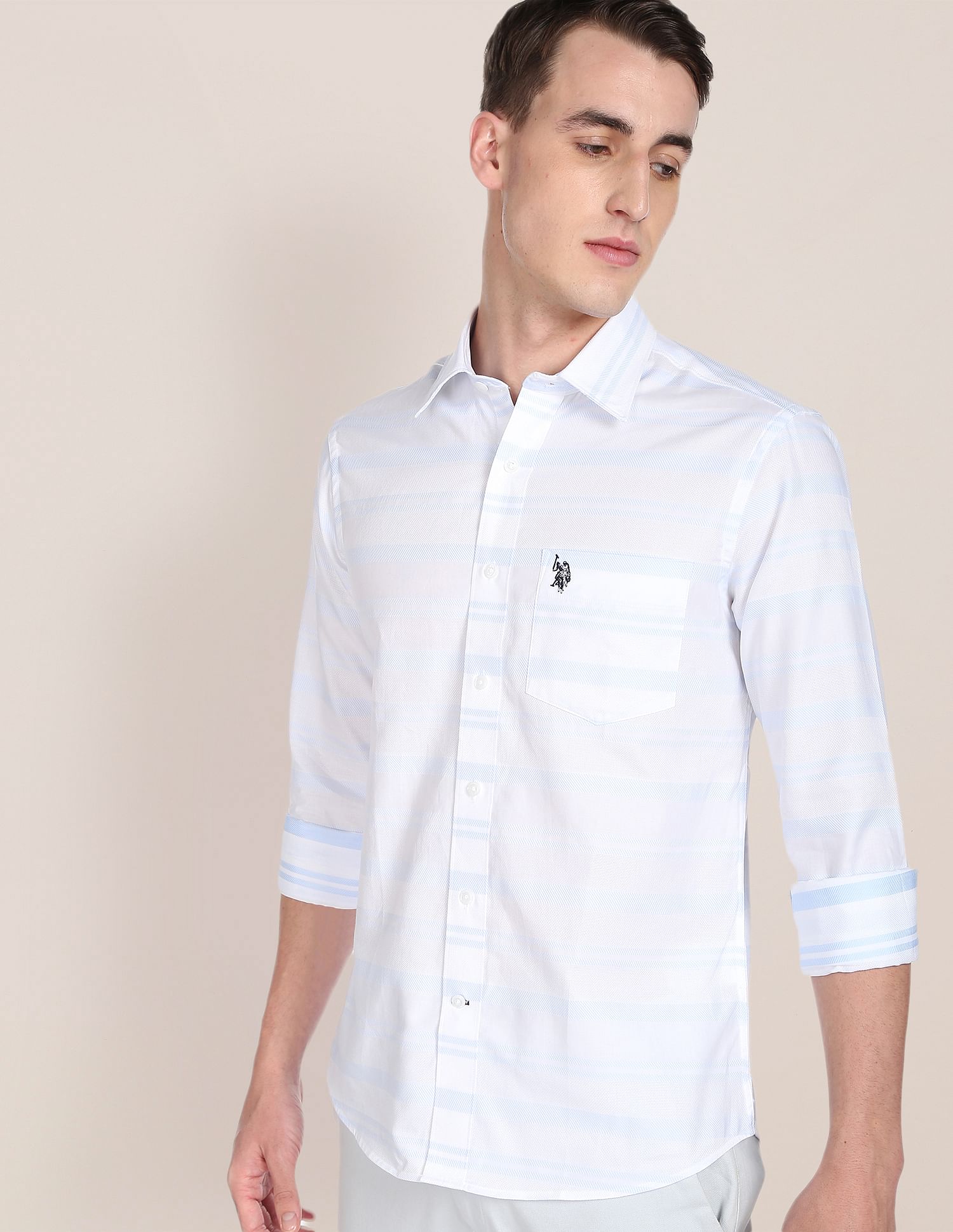 Men White And Blue Horizontal Stripe Casual Shirt White and Light Blue - U.S. POLO ASSN. | Large