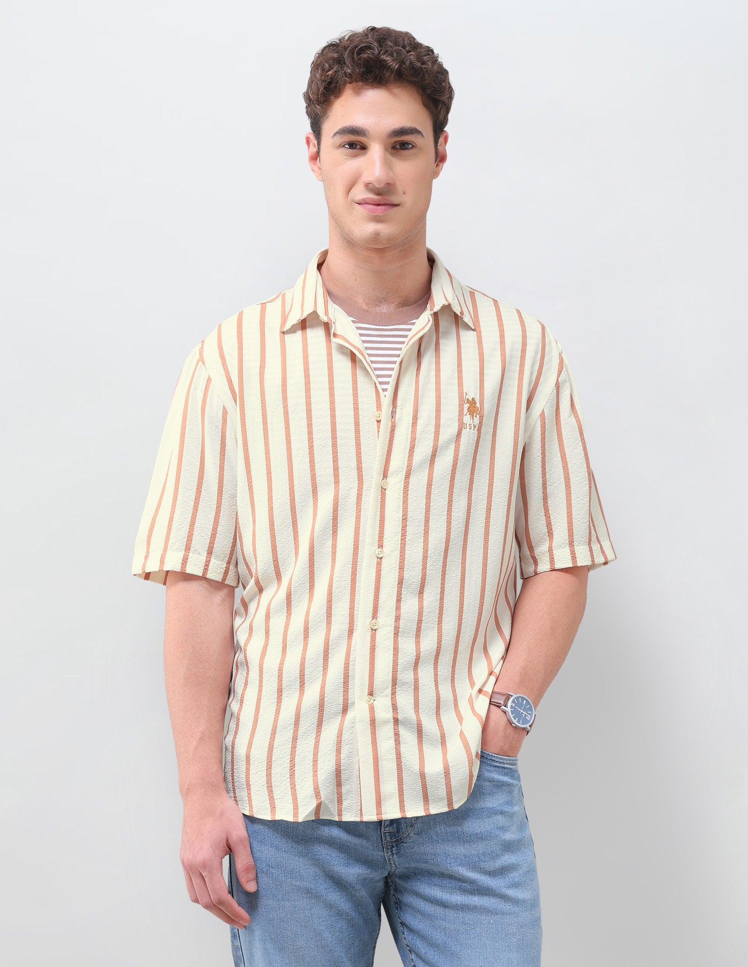 Vertical Striped Seersucker Weave Shirt Light Brown - U.S. Polo Assn. India | Large