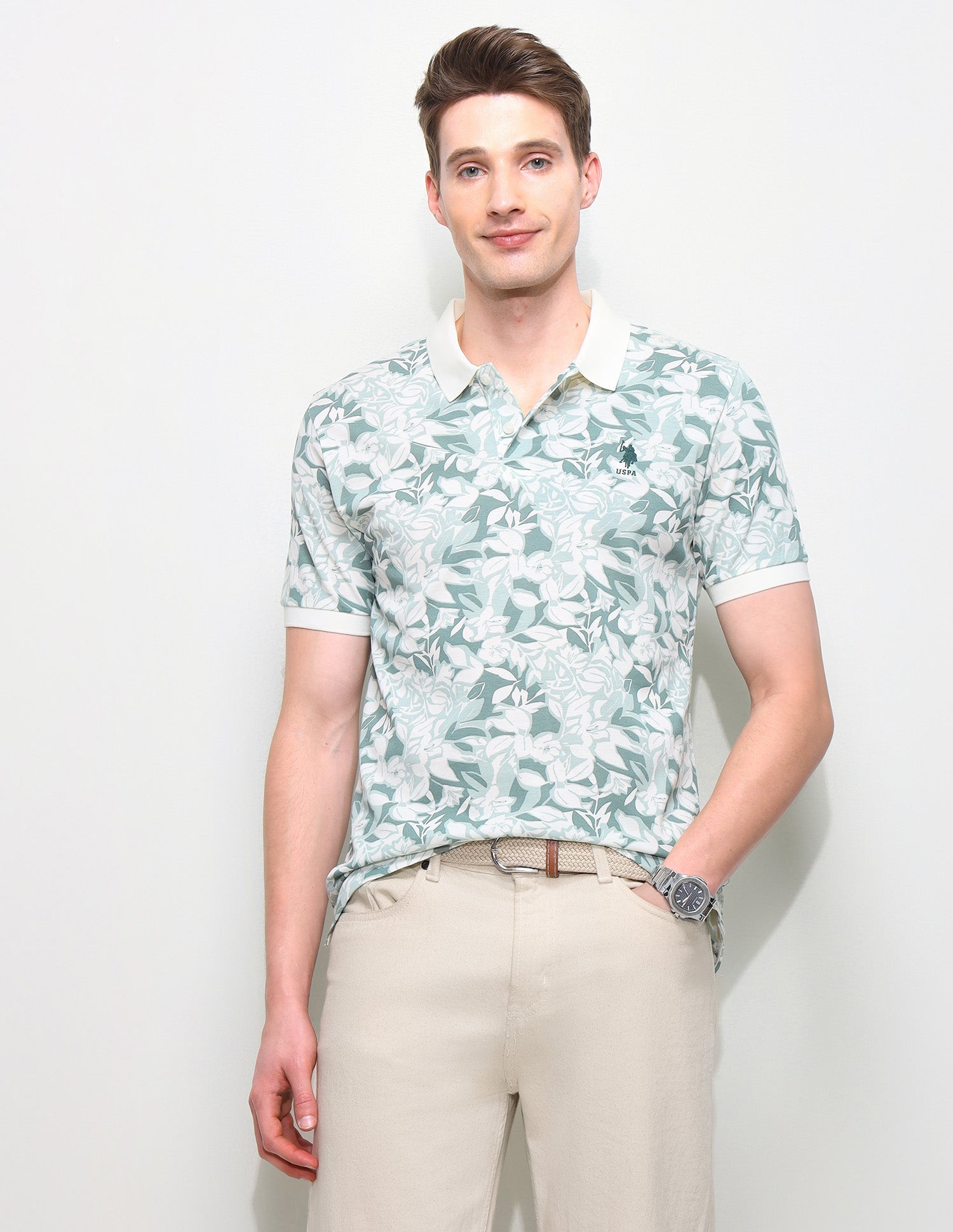 Floral Printed Slim Fit Polo Shirt Light Brown - U.S. Polo Assn. India | Large