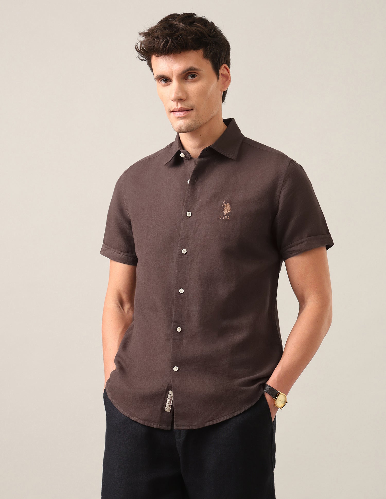Solid Regular Fit Shirt Brown - U.S. Polo Assn. India | Large
